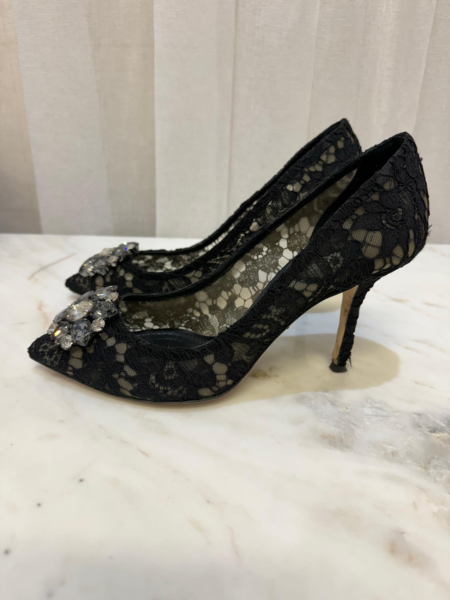 Dolce & Gabbana Black Lace Embellished Heels 38 thumbnail 8