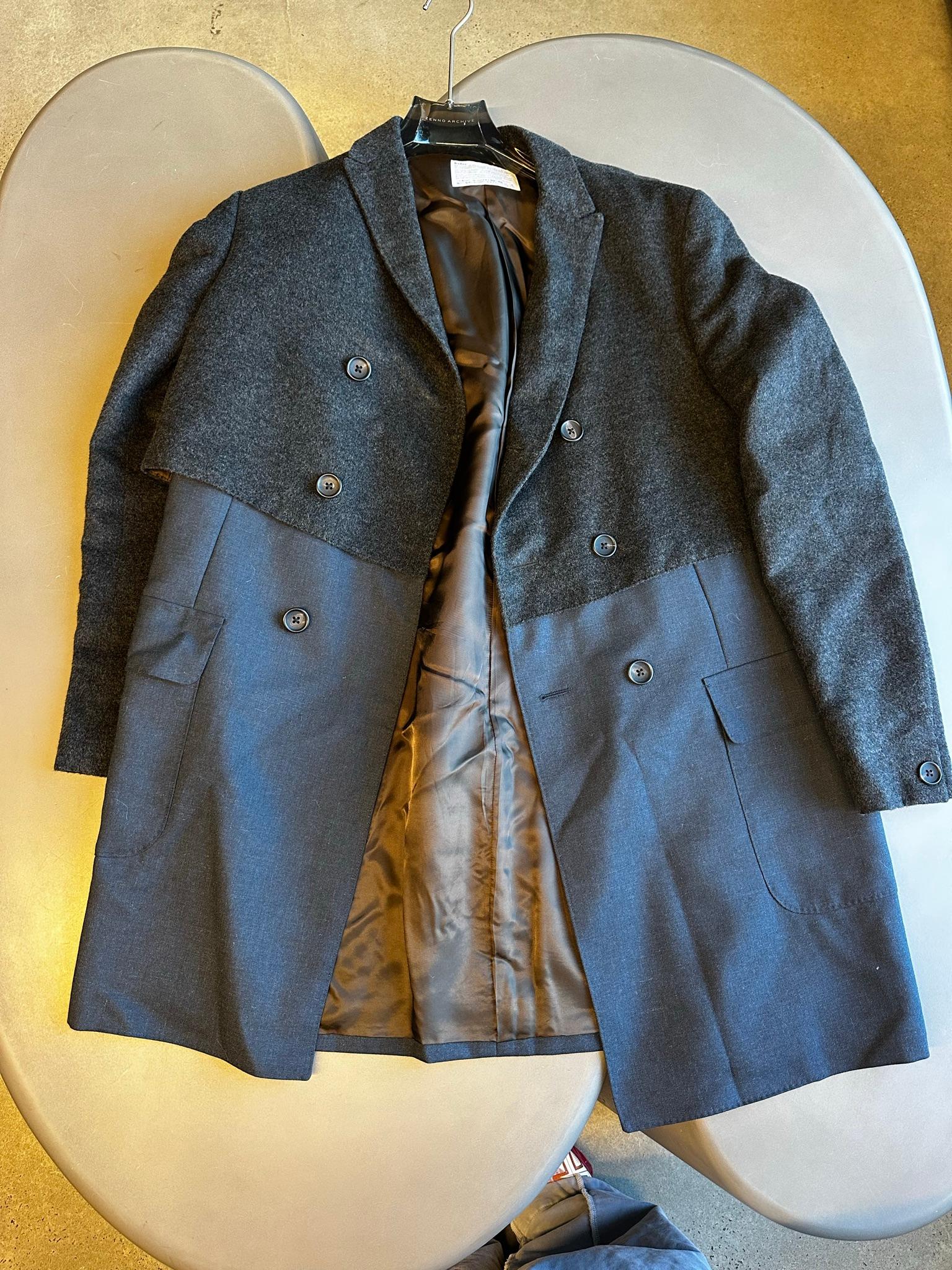 Kolor FW22 Hybrid Wool & Nylon Double-Breasted Overcoat Grey/Navy (Size 4/Fits M-L)