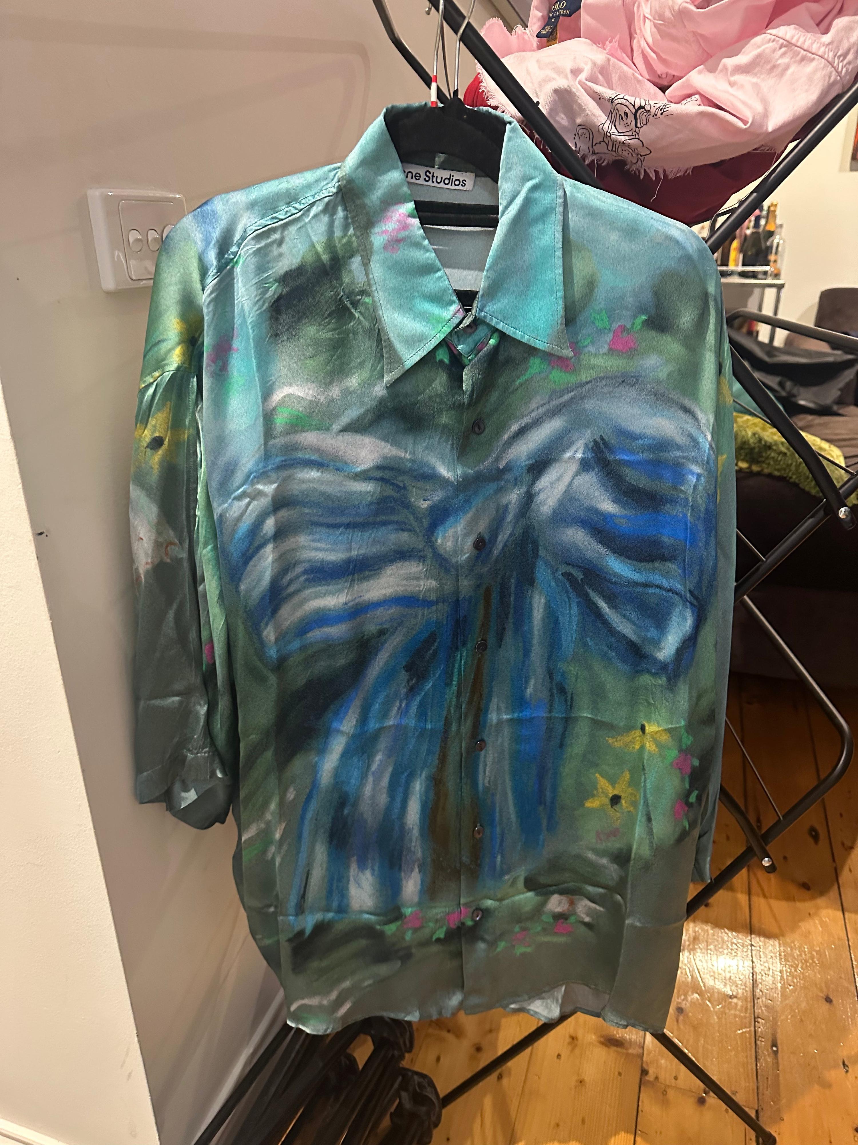 Acne Studios Sandroki Kilminik Bow Print Shirt Sage Green / Blue (Fits M-XL)