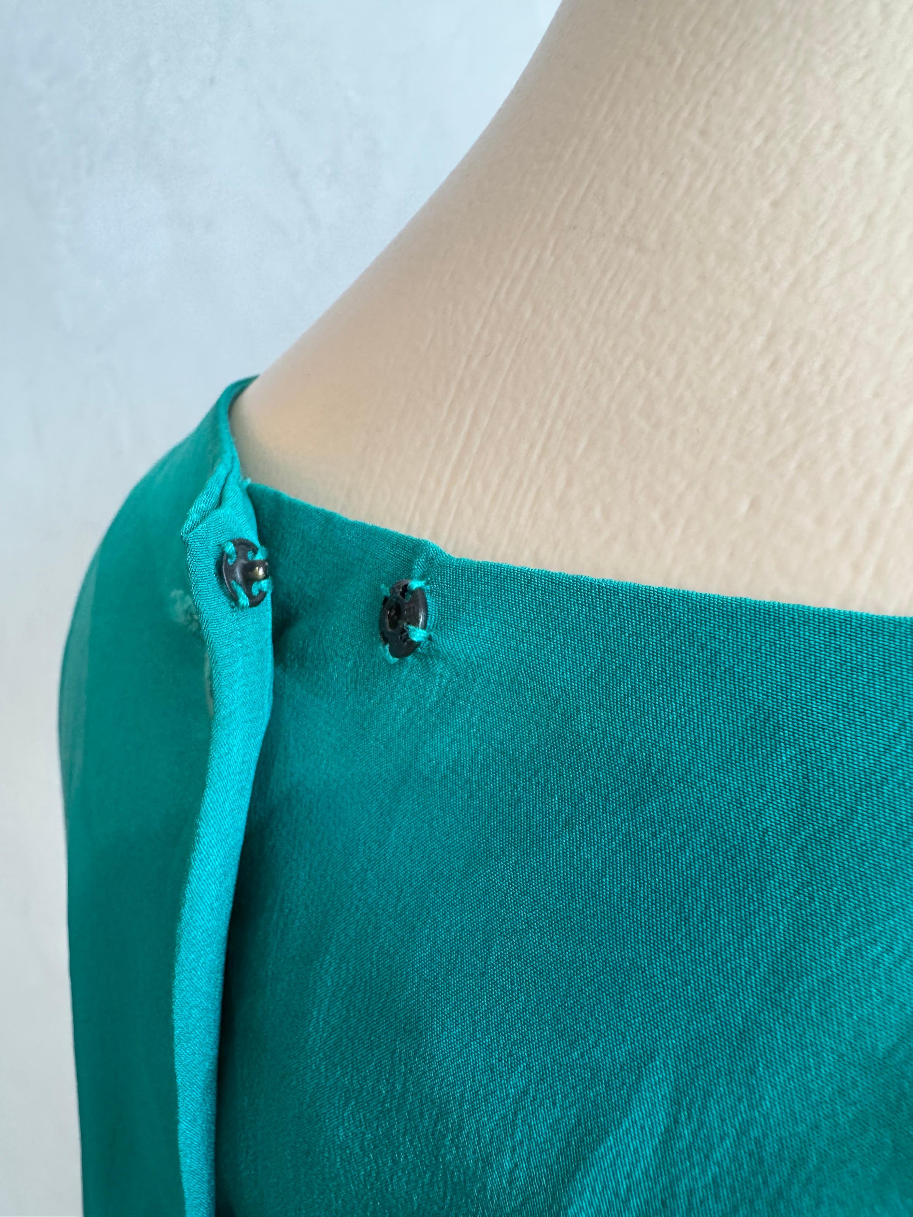 Vintage Emerald green silk midi dress - size S thumbnail 8