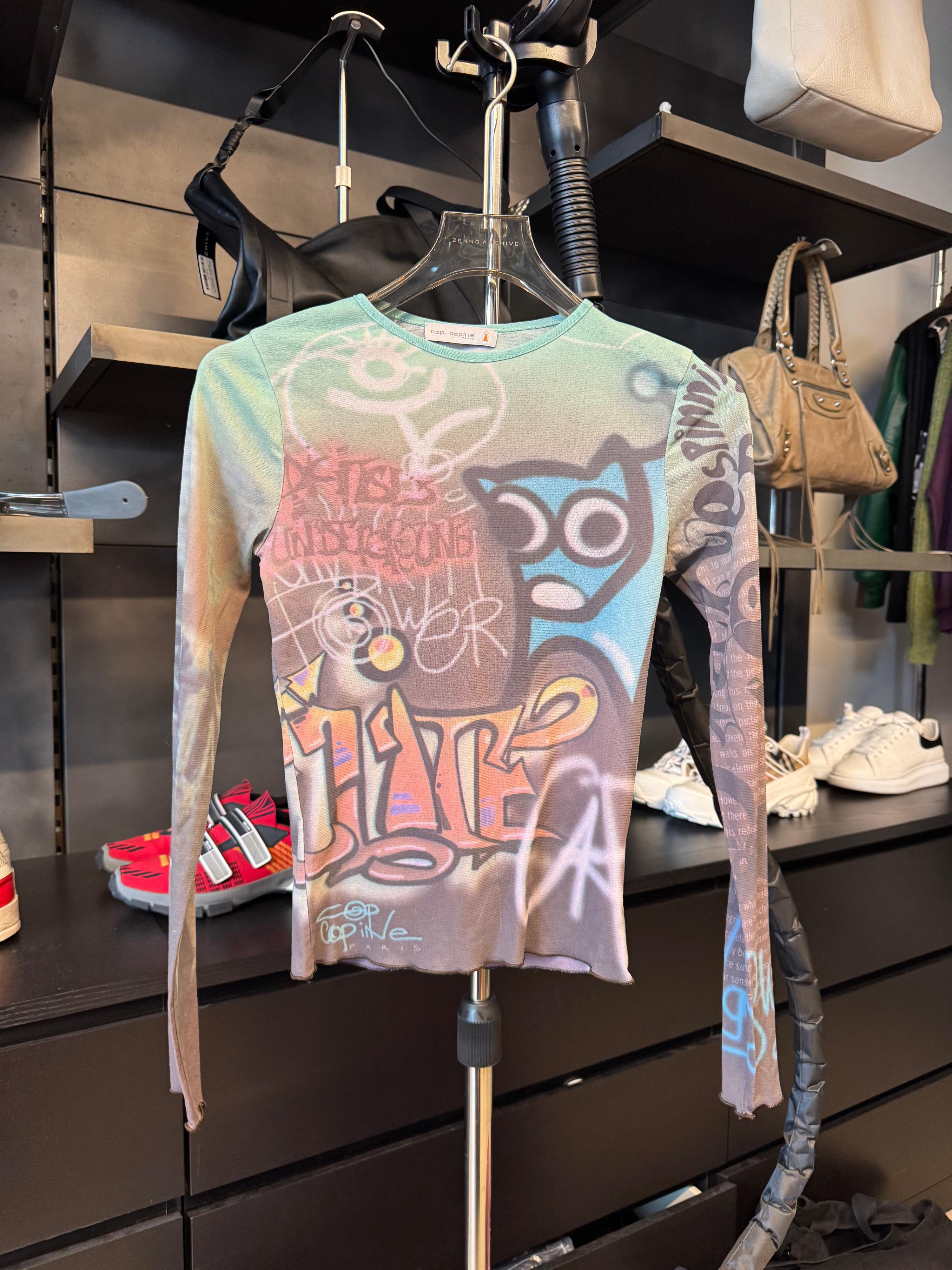 90s Cop Copine 90s Graffiti Printed Mesh Top Brown/Green (Size 2)