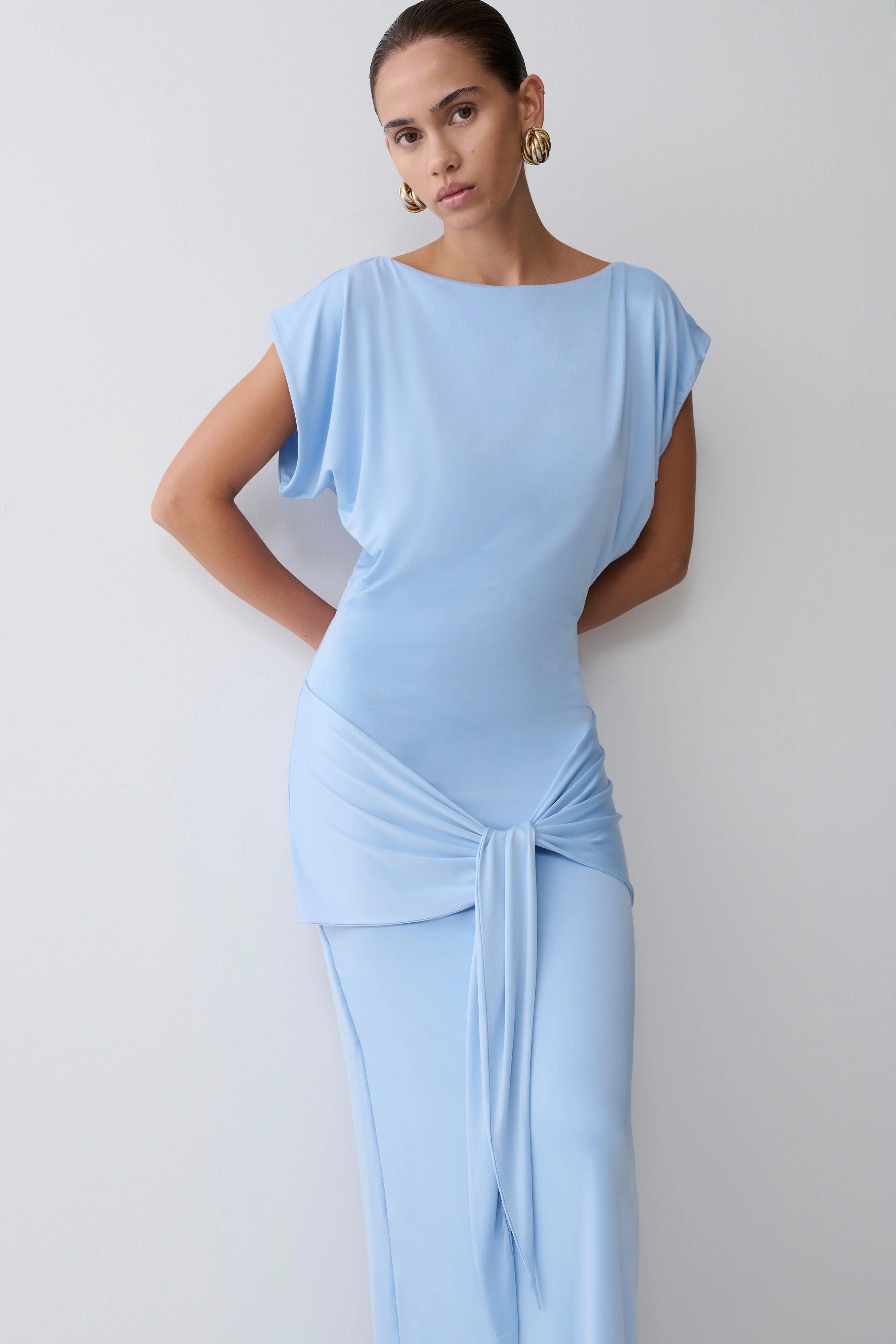 Meshki Blue Short Sleeve Slinky Tie Maxi Dress XS