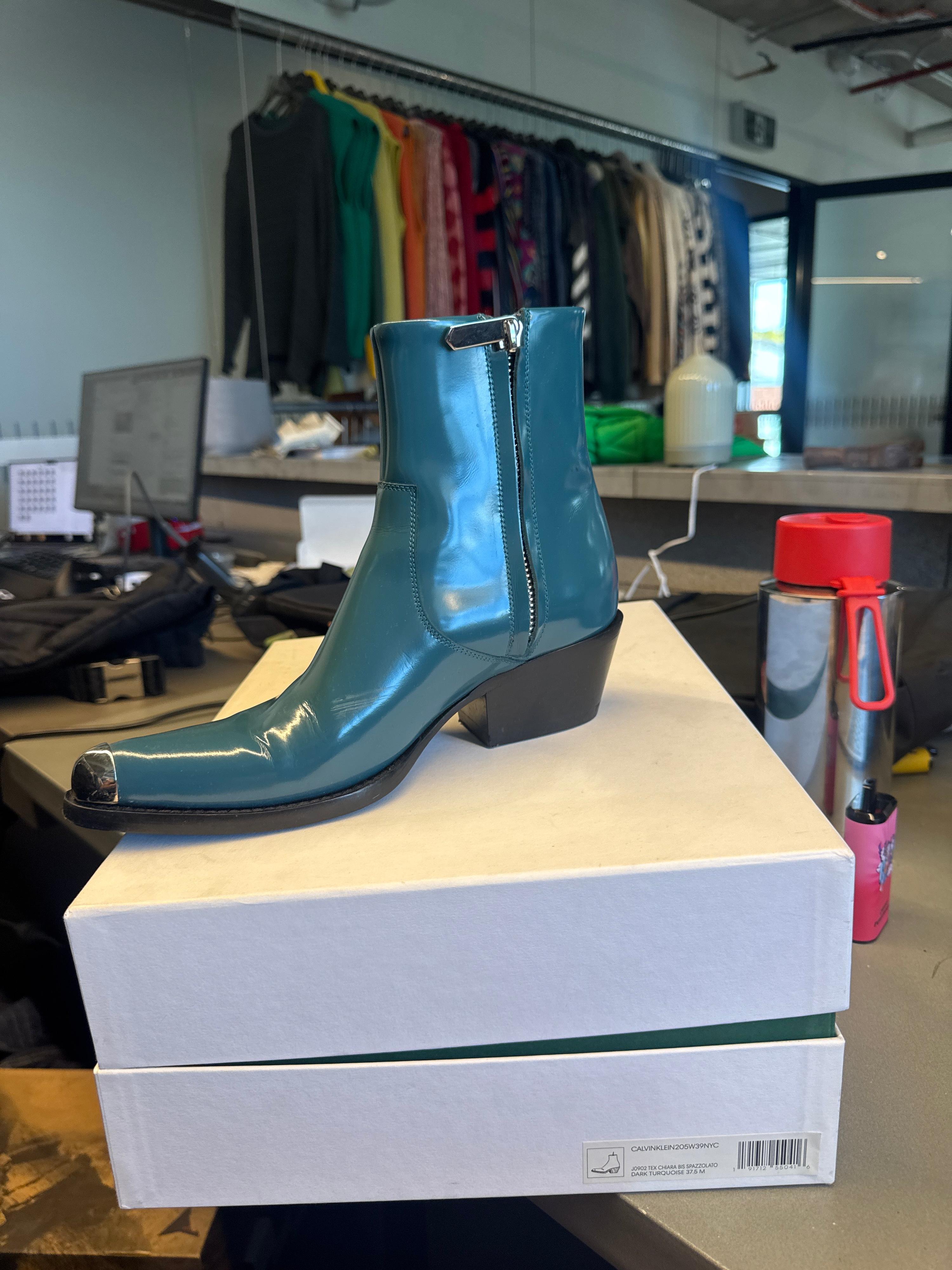 Calvin Klein 205W39NYC By Raf Simons Patent Leather Metal-Toe Ankle Boots Turquoise (Size EU37.5)