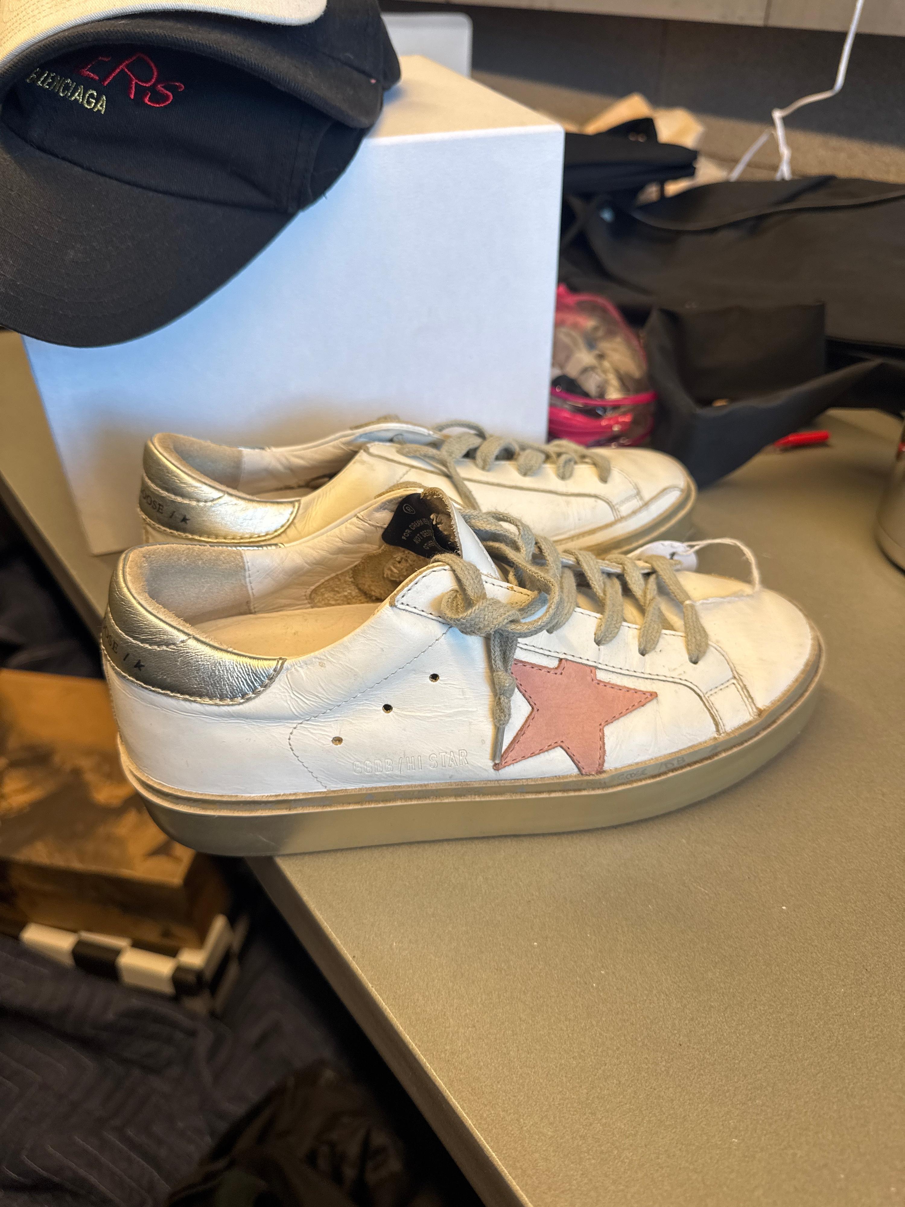 Golden Goose Hi-Star Distressed Leather Sneakers White (Size EU38)