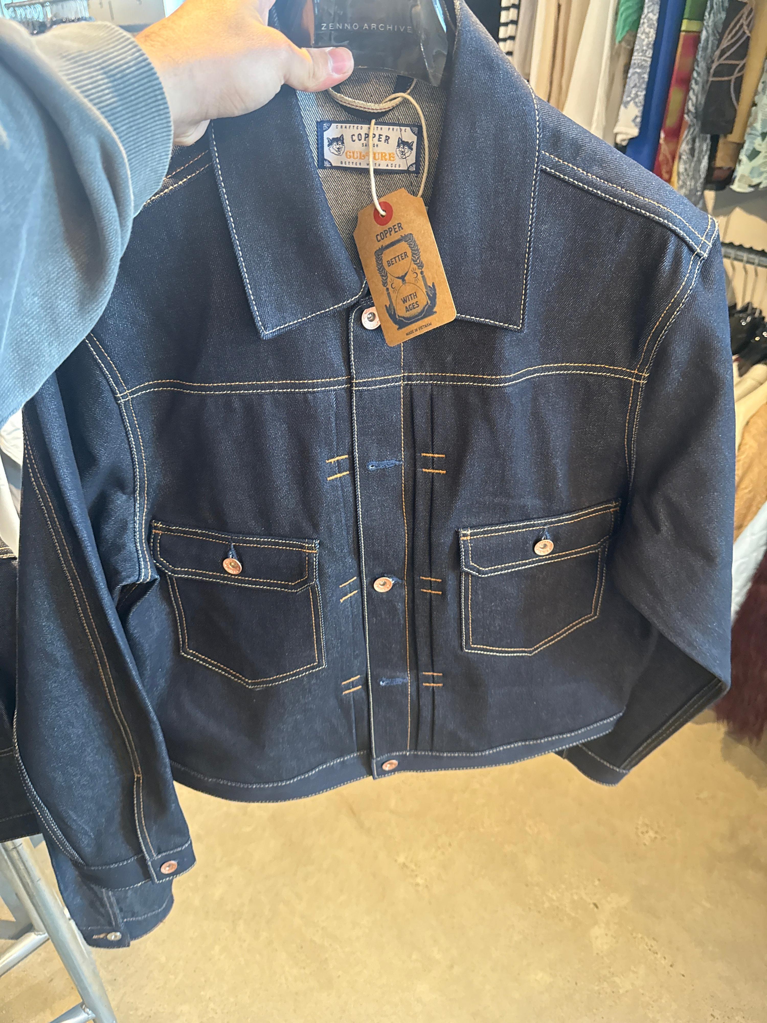 Copper Denim Type II 14.5 Oz Diamond Blue Yellow Sewing Thread Raw Selvedge Denim Jacket - XL