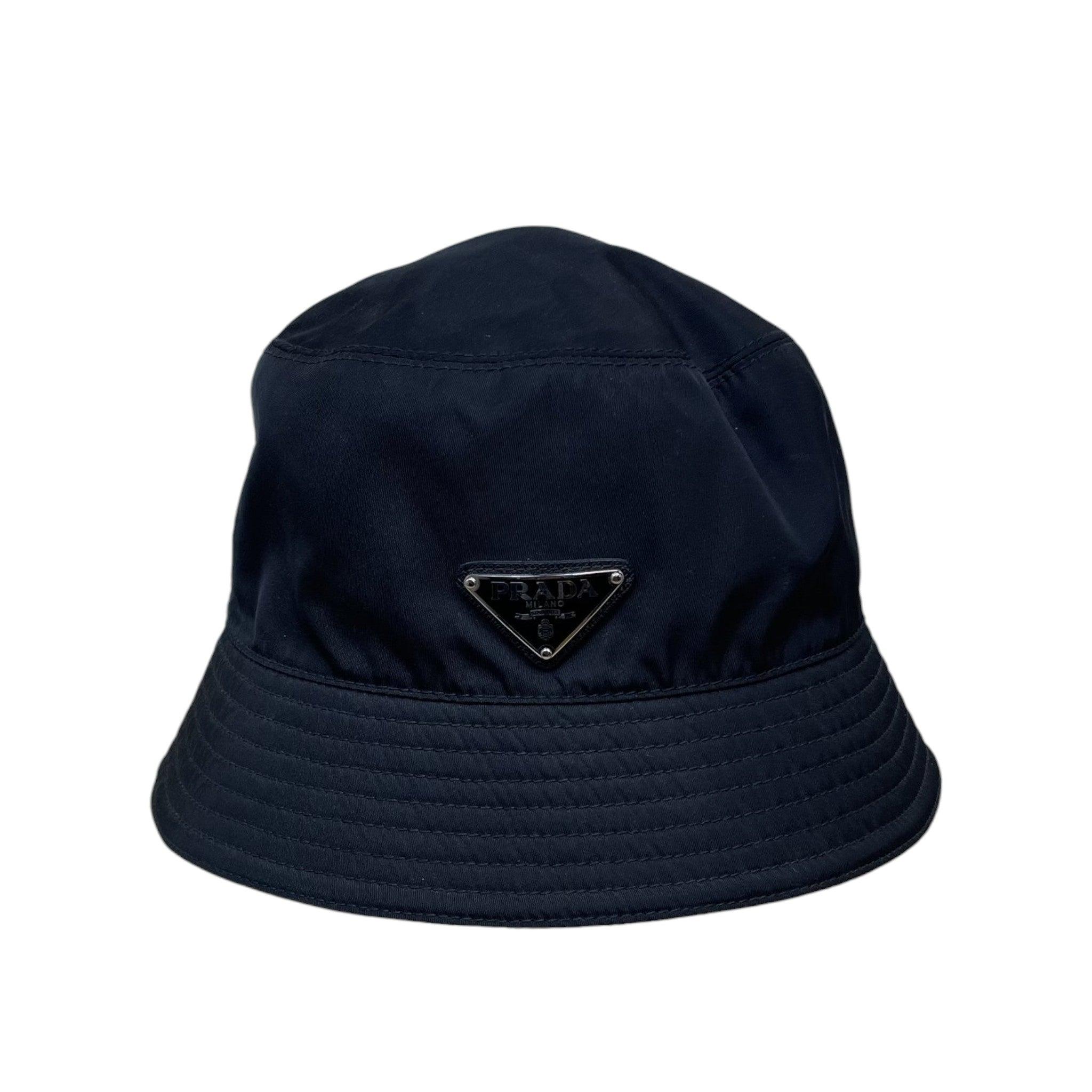 Prada Triangle Logo-Plaque Nylon Bucket Hat Black (Size M)