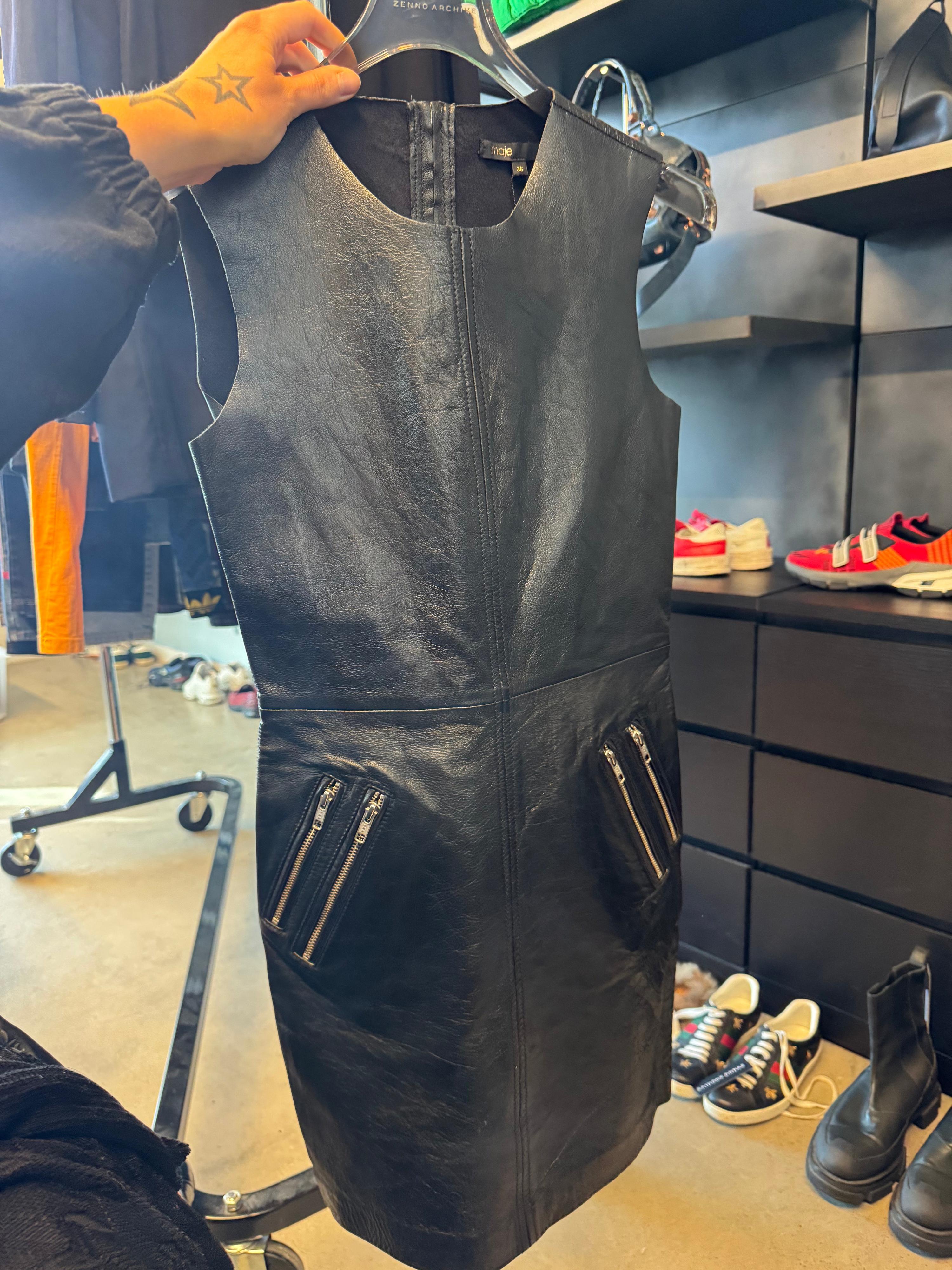 MAJE Leather Zip Detail Dress Black (Size 36)