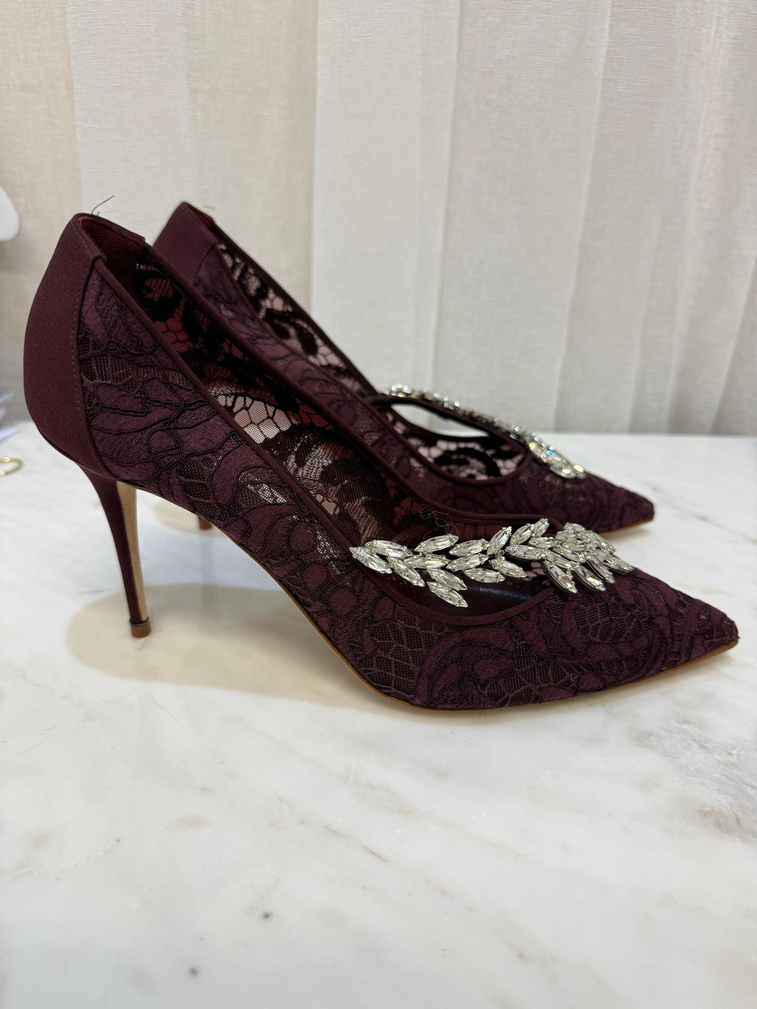 Manolo Blahnik Burgundy Lace Nadira Heels 38 thumbnail 2