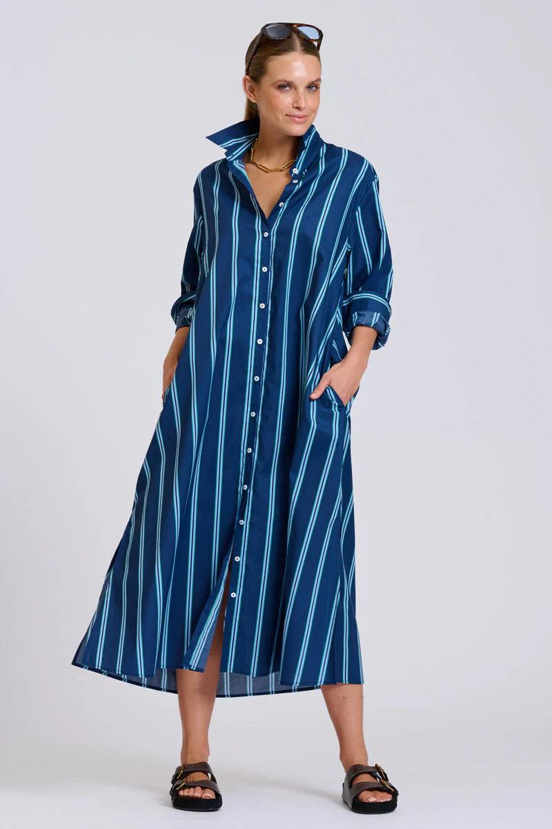 Shirty Navy Green Stripe Long Dress - XS