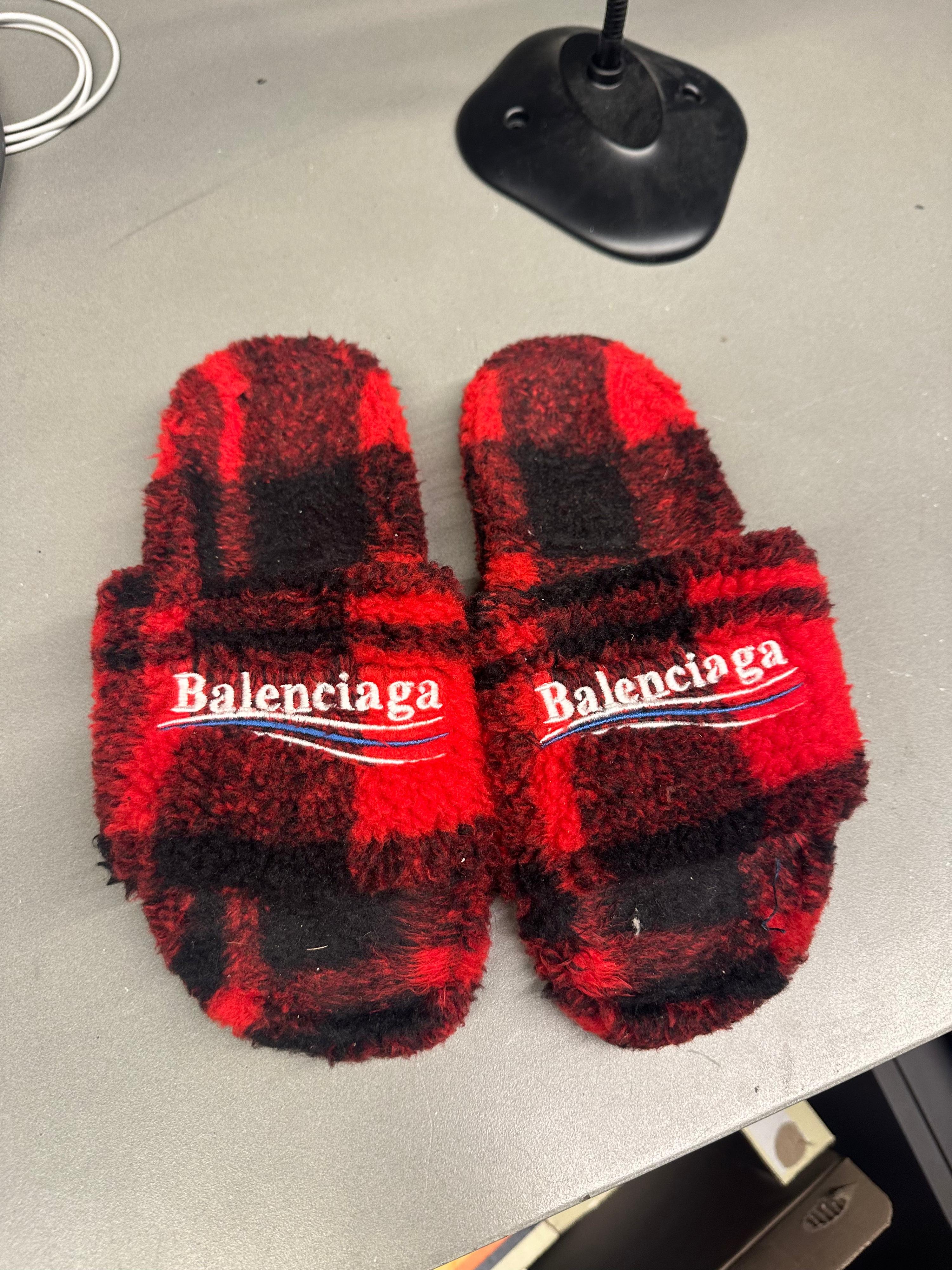 Balenciaga Red Plaid Fur Sandals (Size EU38)