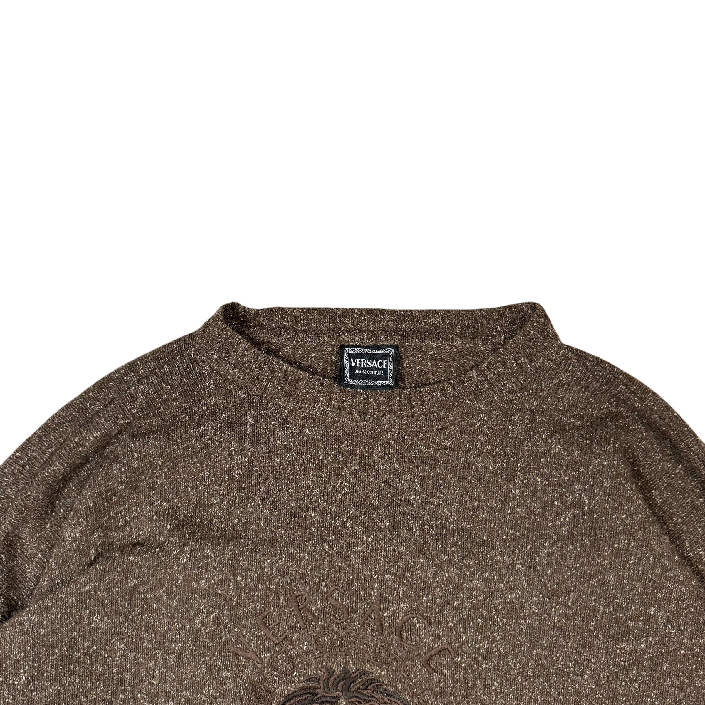 Versace 90s Medusa Logo Embroidered Wool Sweatshirt Brown (Size XL) thumbnail 2