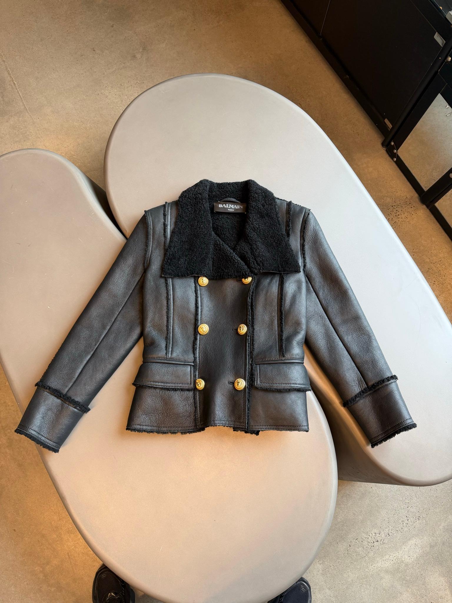 Balmain 2010s Double Breasted Shearling Leather Jacket Black (Size 38)