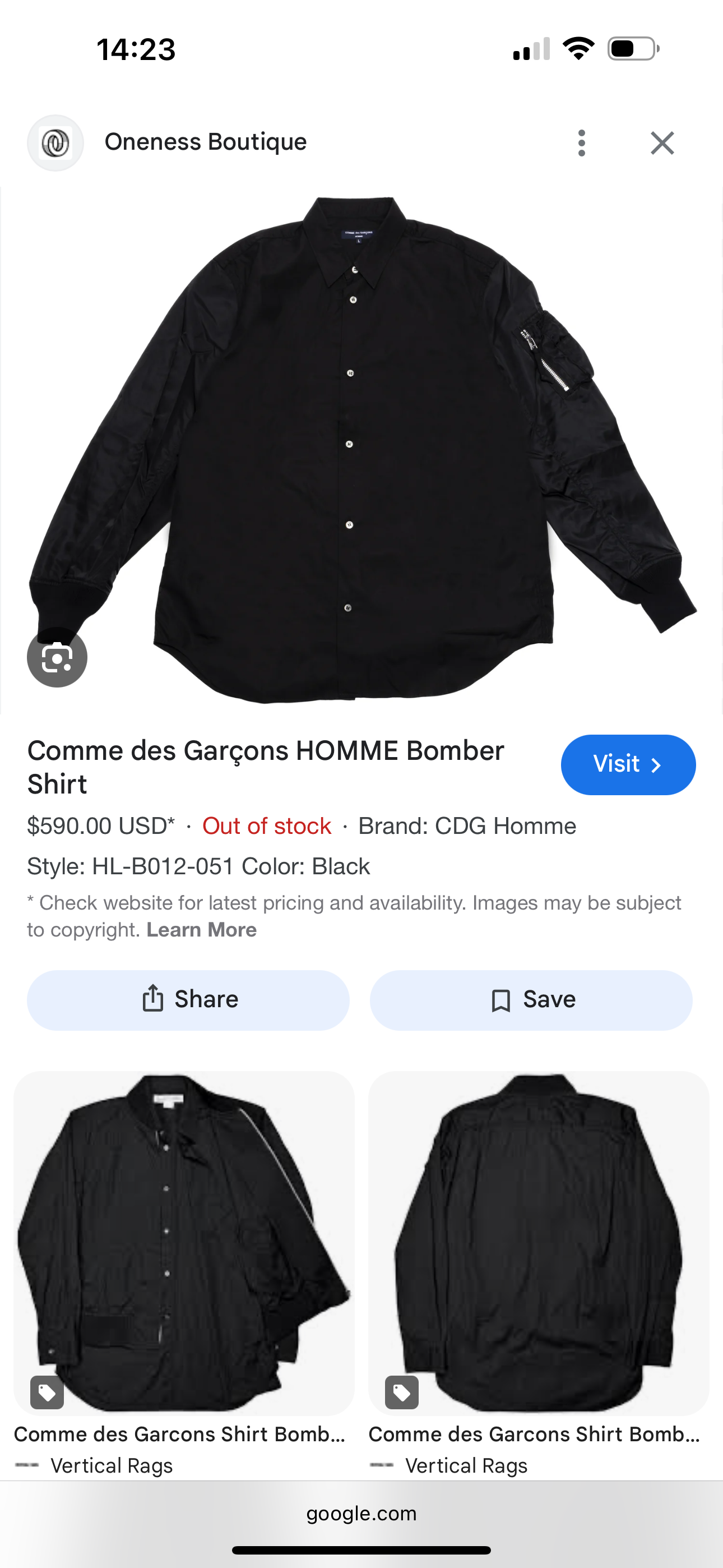 Comme des Garçons Homme AD2023 Bomber-Sleeve Black Button-Up Shirt Black (Size XS) thumbnail 2