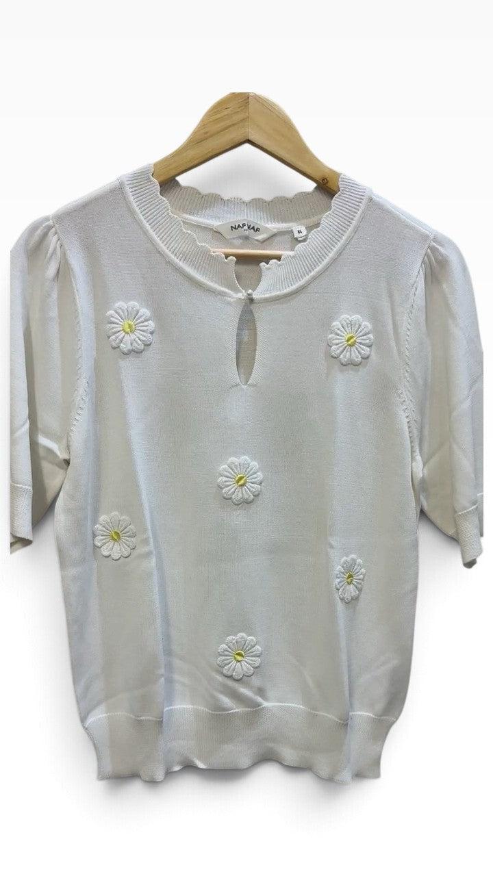 Naf Naf White Daisy Short Sleeve Knit Top XL
