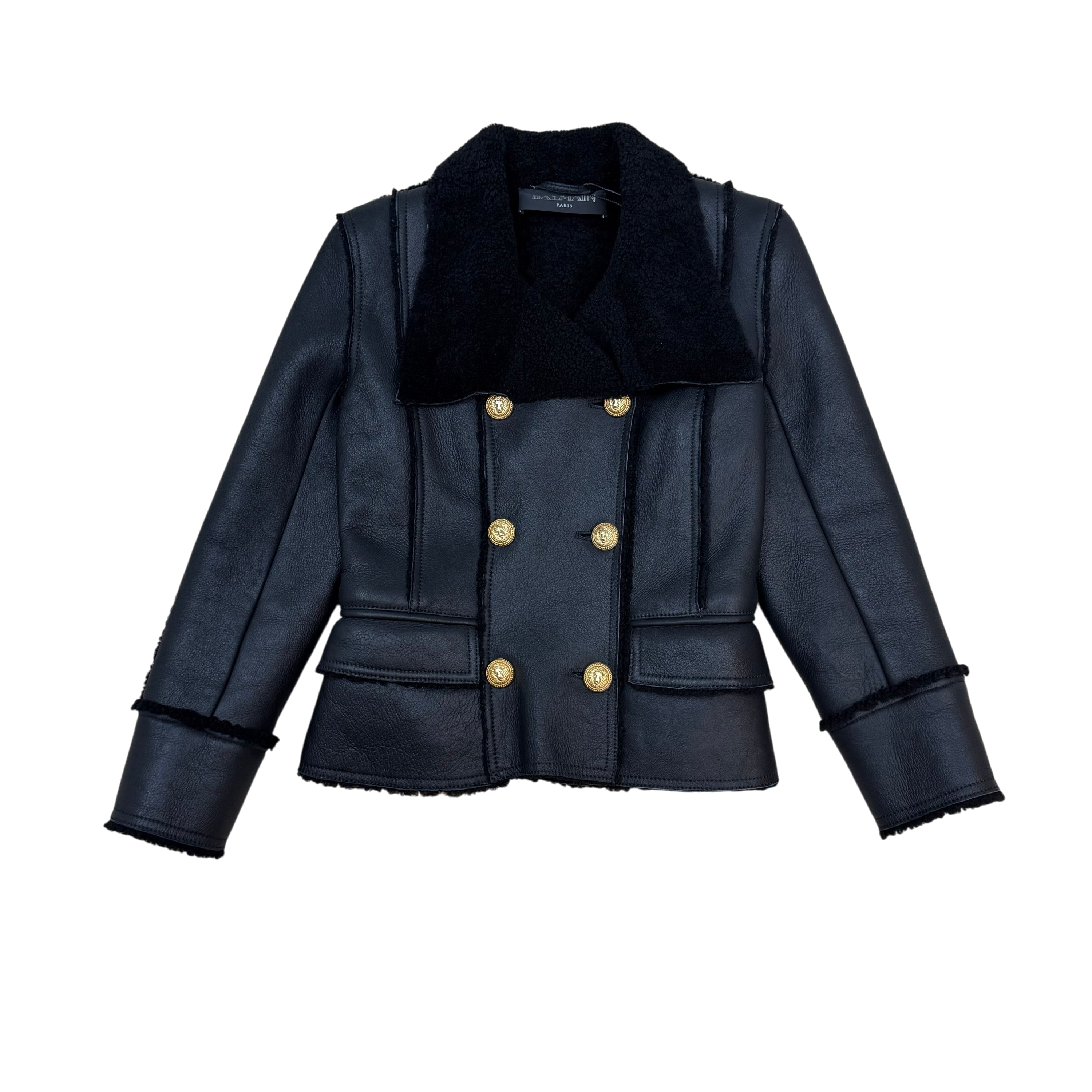 Balmain 2010s Double Breasted Shearling Leather Jacket Black (Size 38)