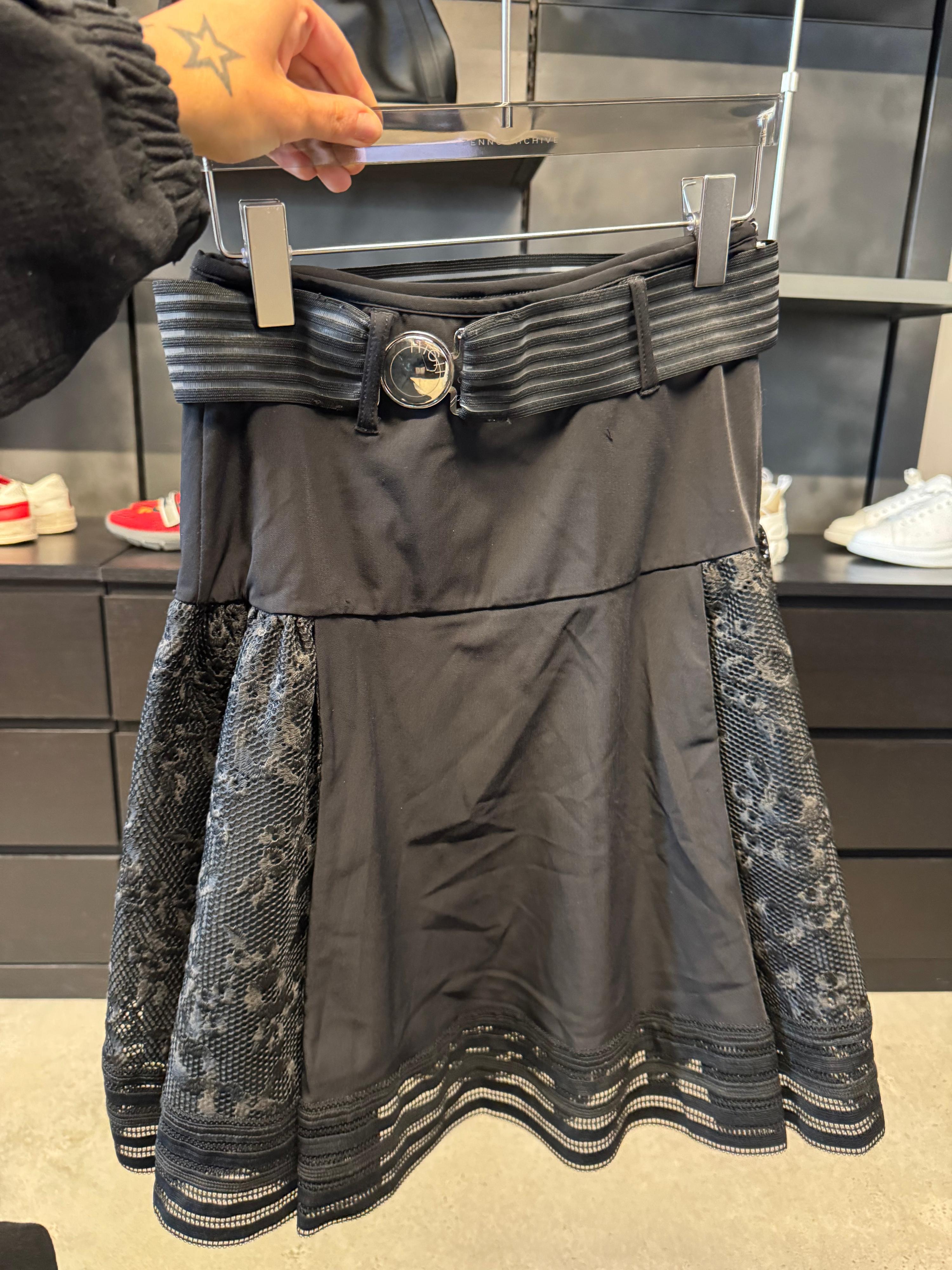 HIGH Lace Trim Belted Skater Skirt Black (Size 42)