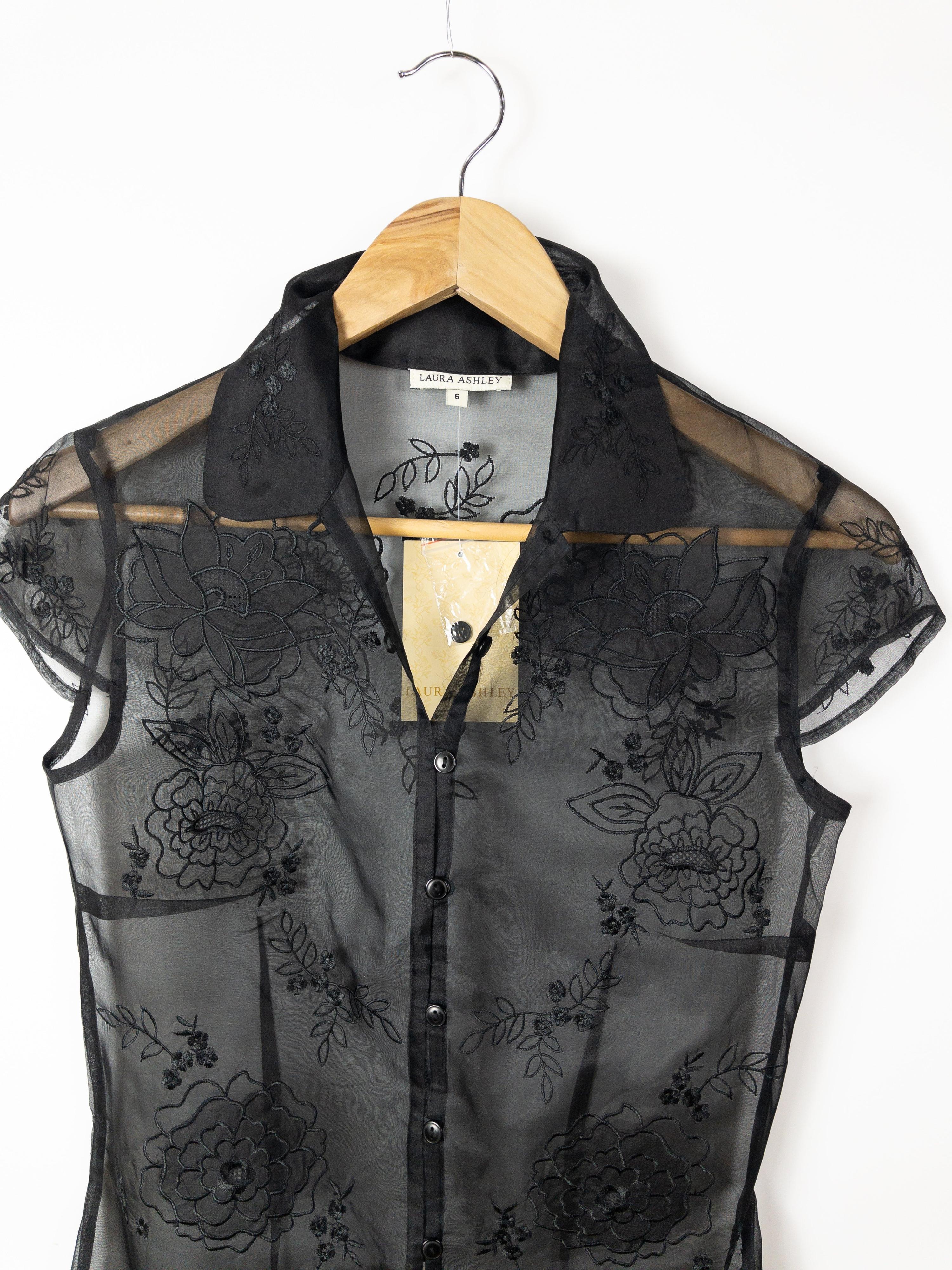 LAURA ASHLEY Vintage Sheer Black Silk Organza Top Size 6 NWT thumbnail 4