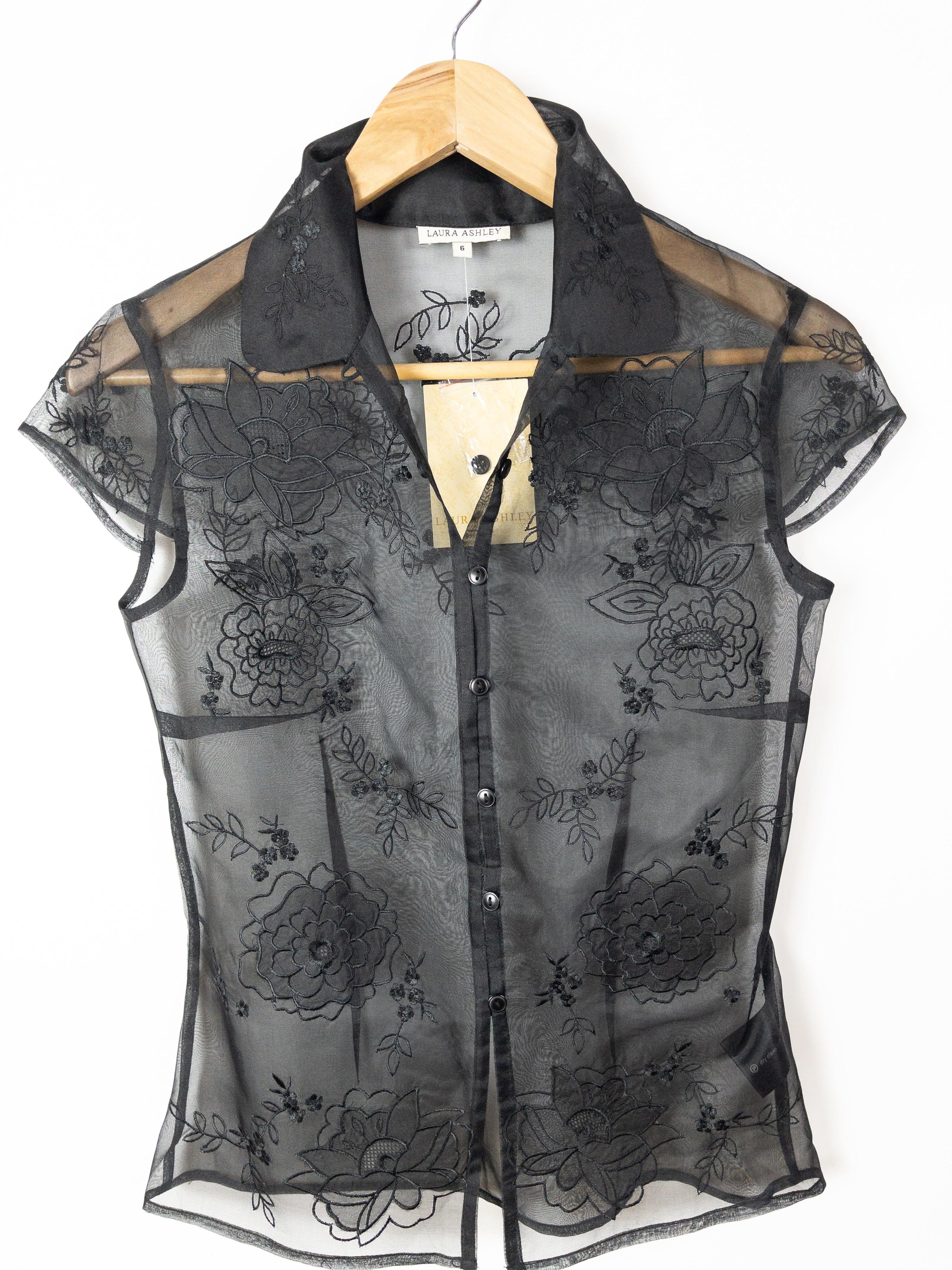 LAURA ASHLEY Vintage Sheer Black Silk Organza Top Size 6 NWT thumbnail 2