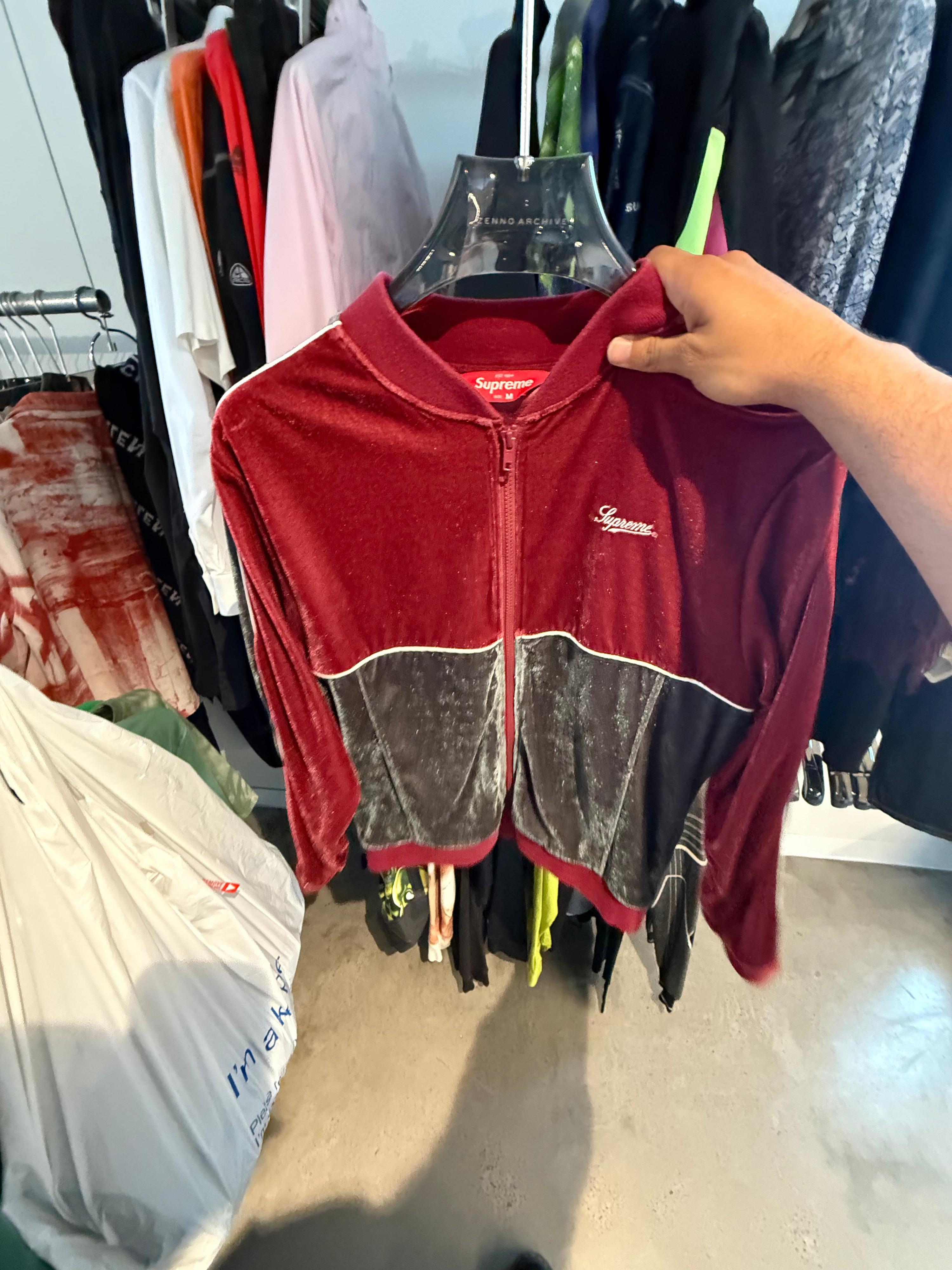 Supreme SS16 Velour Track Jacket Burgundy/Grey (Size M)