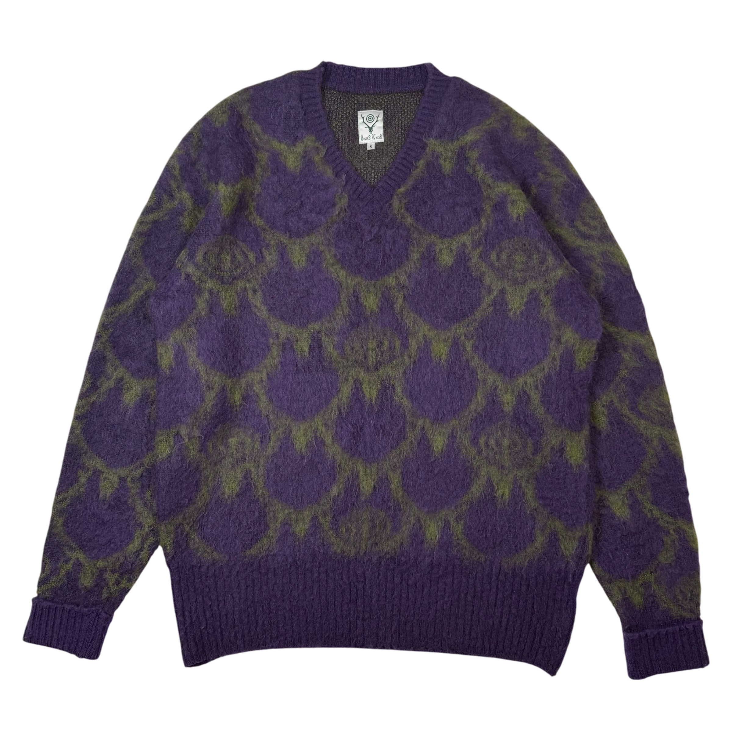 SOUTH2 WEST8 Mohair Blend Loose Fit V-Neck Sweatshirt Purple / Green (Size S)