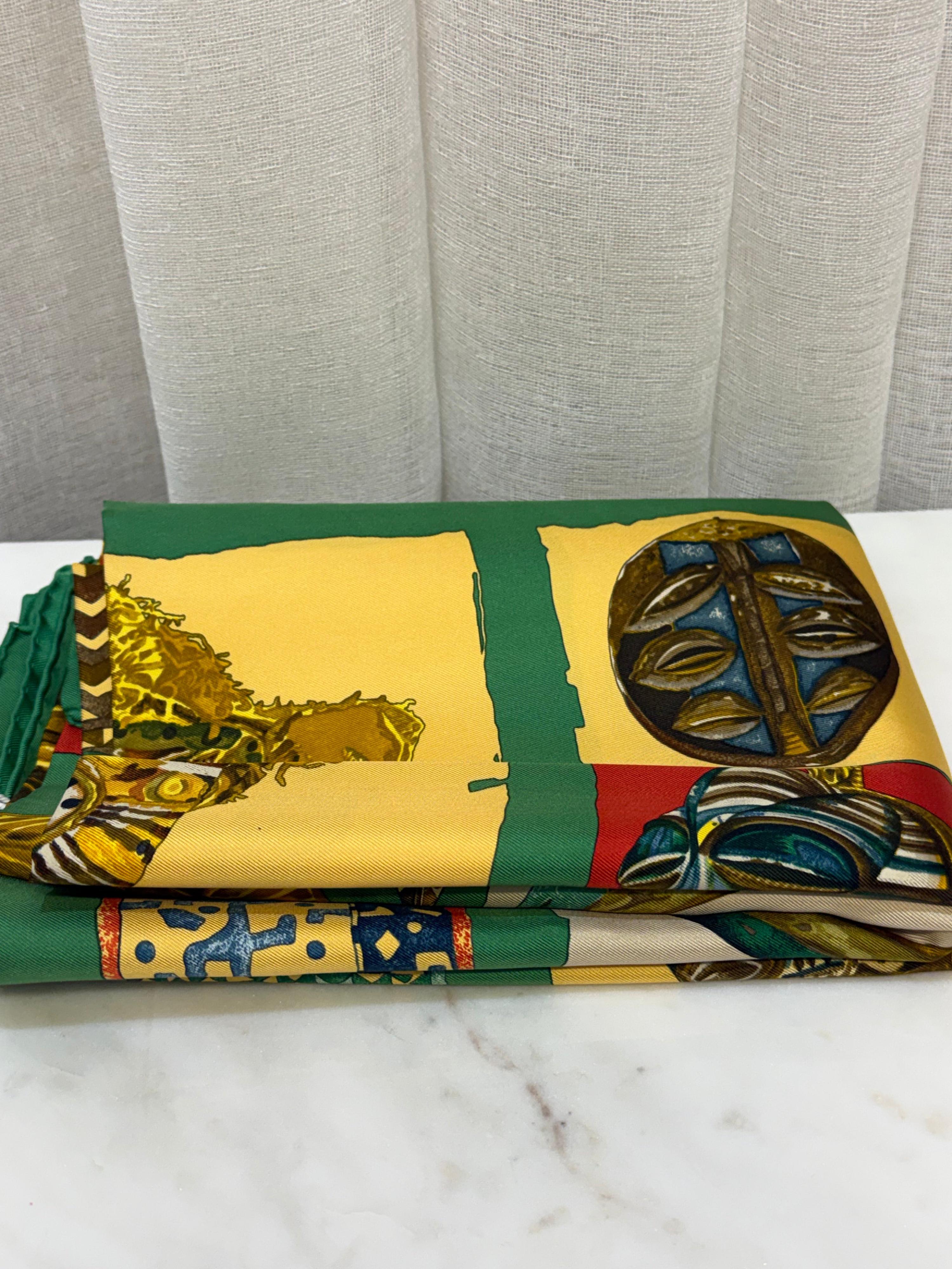 Hermes Green/Gold Tiki Print Scarf thumbnail 2