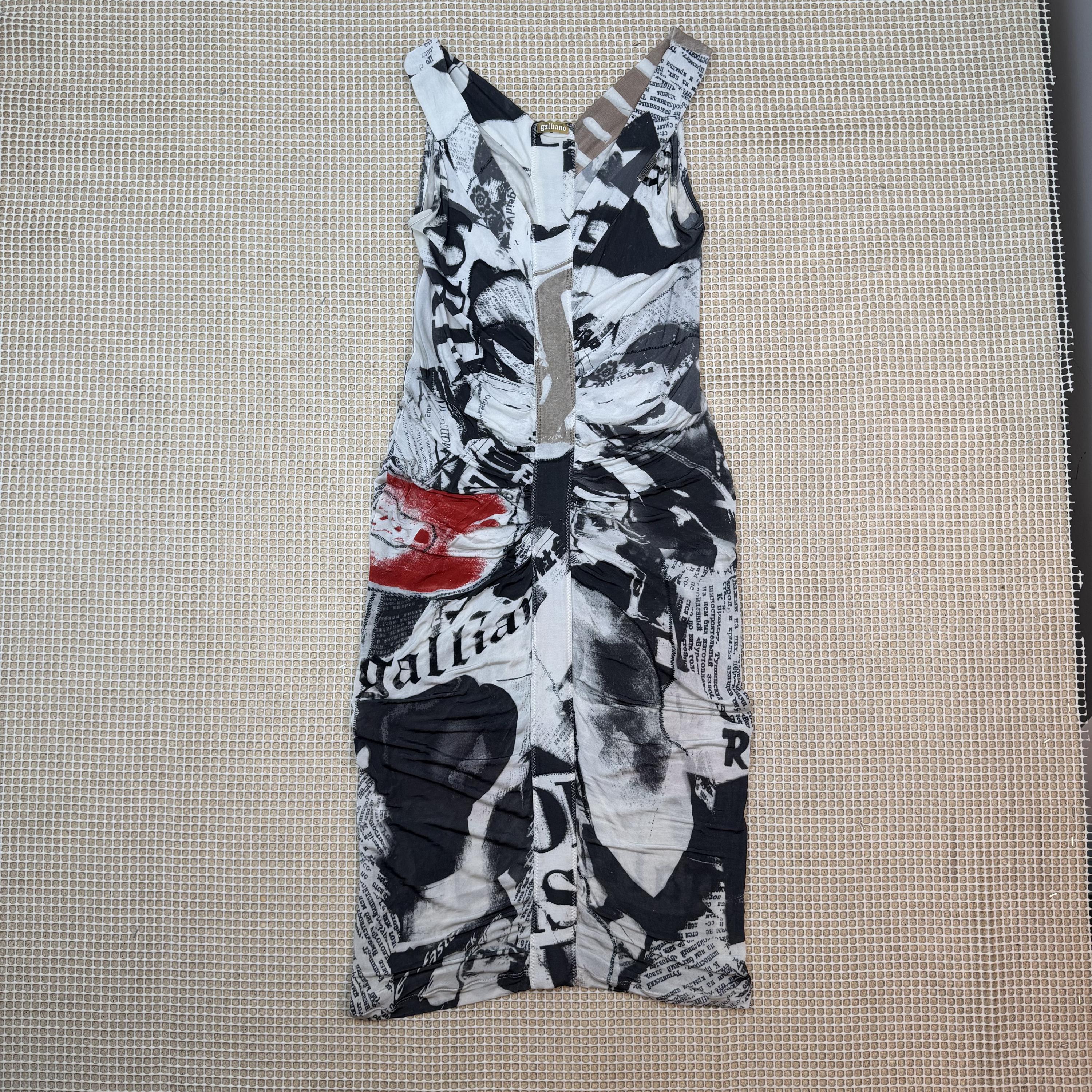 Galliano Newspaper Print Ruched Bodycon Dress Black White (Size S)