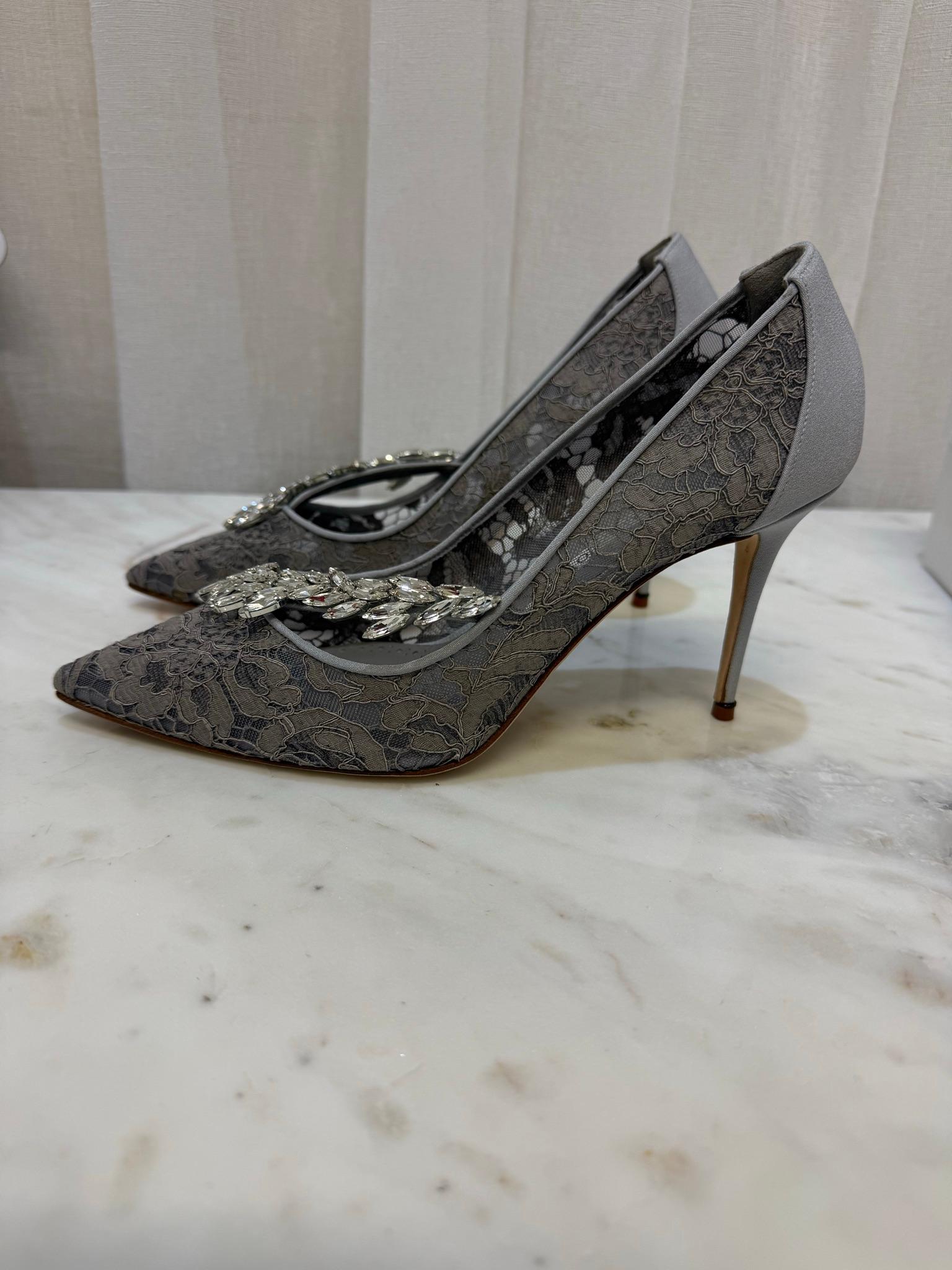 Manolo Blahnik Grey Lace Nadira Heels 38 thumbnail 5
