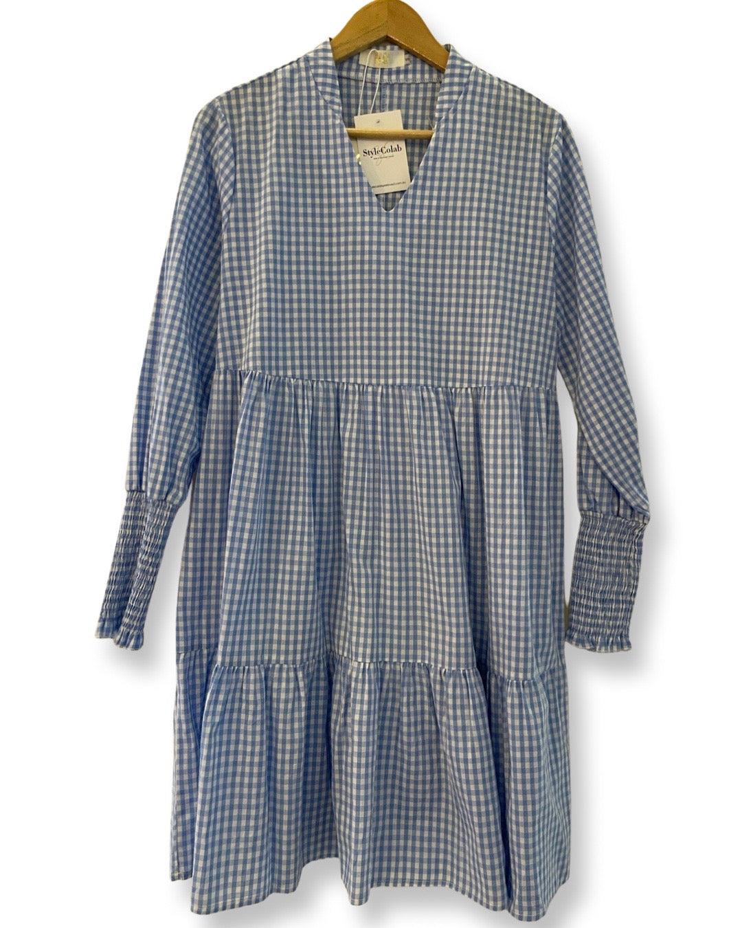 Gingham V Tiered Dress - XLarge / Blue