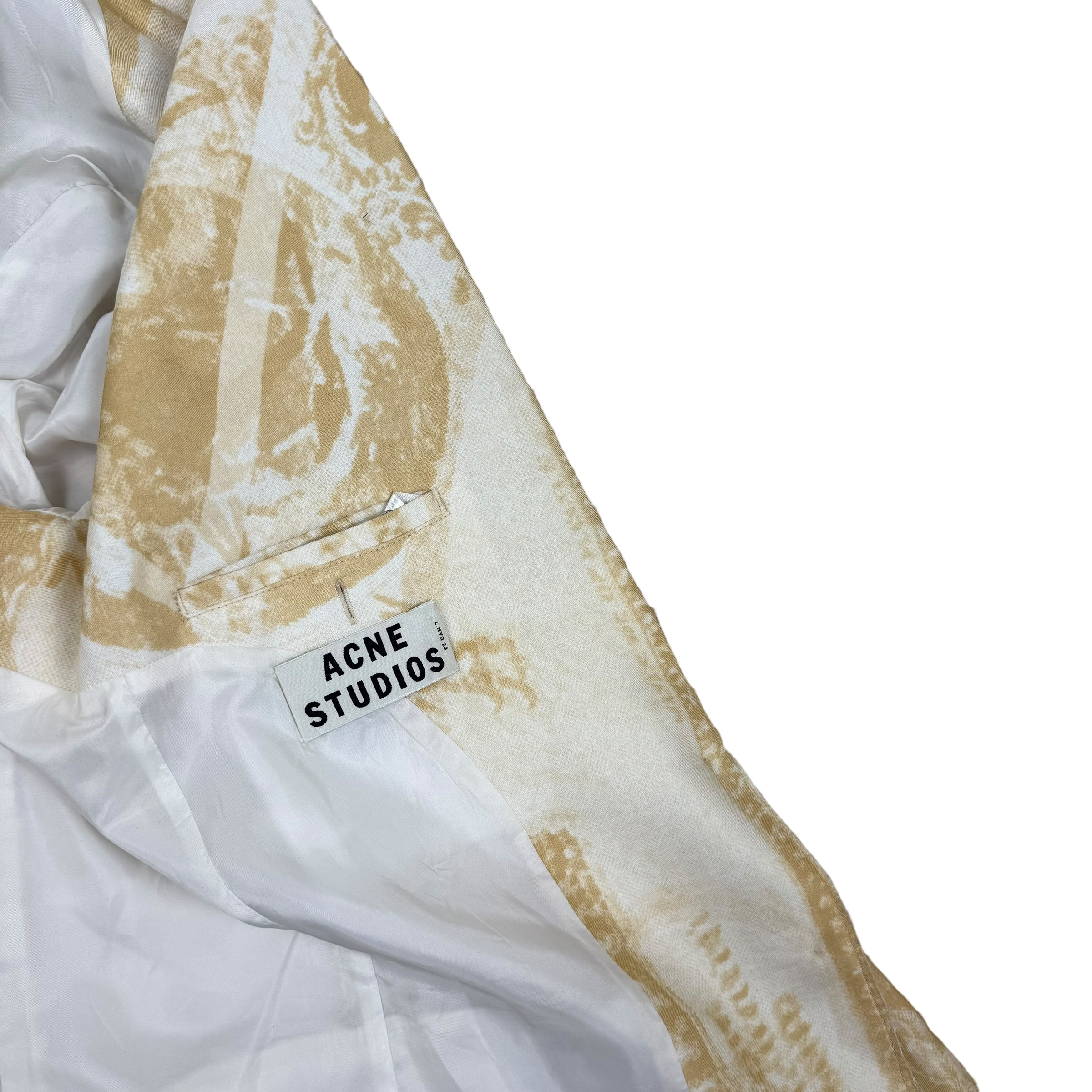 Acne Studios SS13 Resort Linen Blend Raw Hem Jinx Currency Blazer Yellow/White (Size 36) thumbnail 4