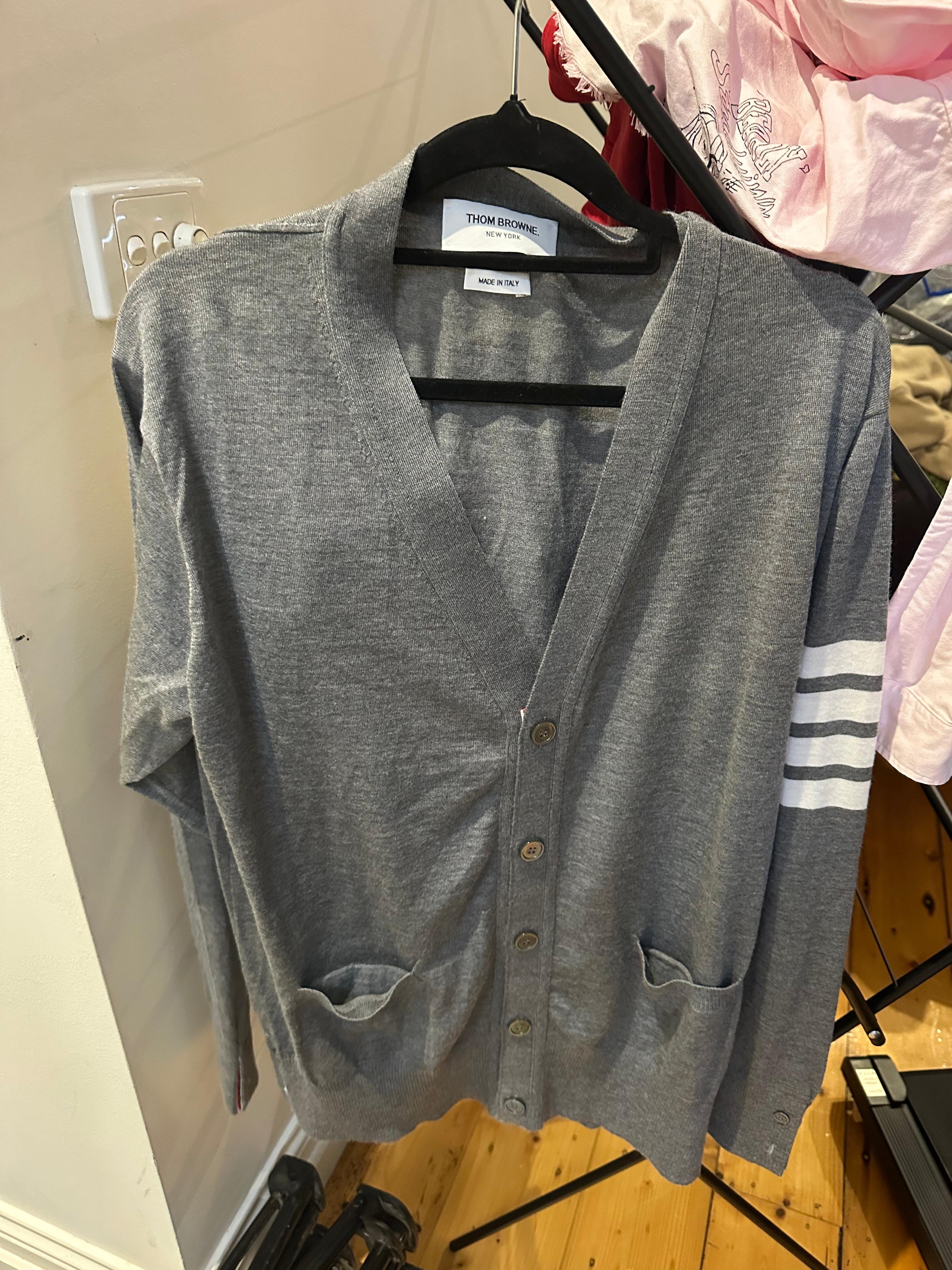 Thom Browne 4-Bar V-Neck Wool Cardigan Grey (Fits L-XL)