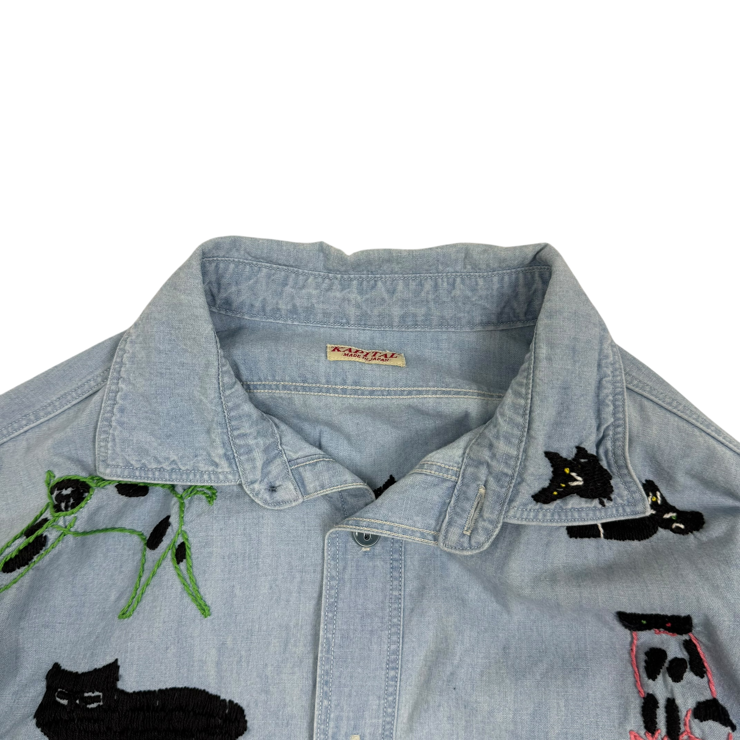 Kapital SS19 Cat Embroidered Cotton-Chambray Shirt Blue (Fits S-M) thumbnail 2
