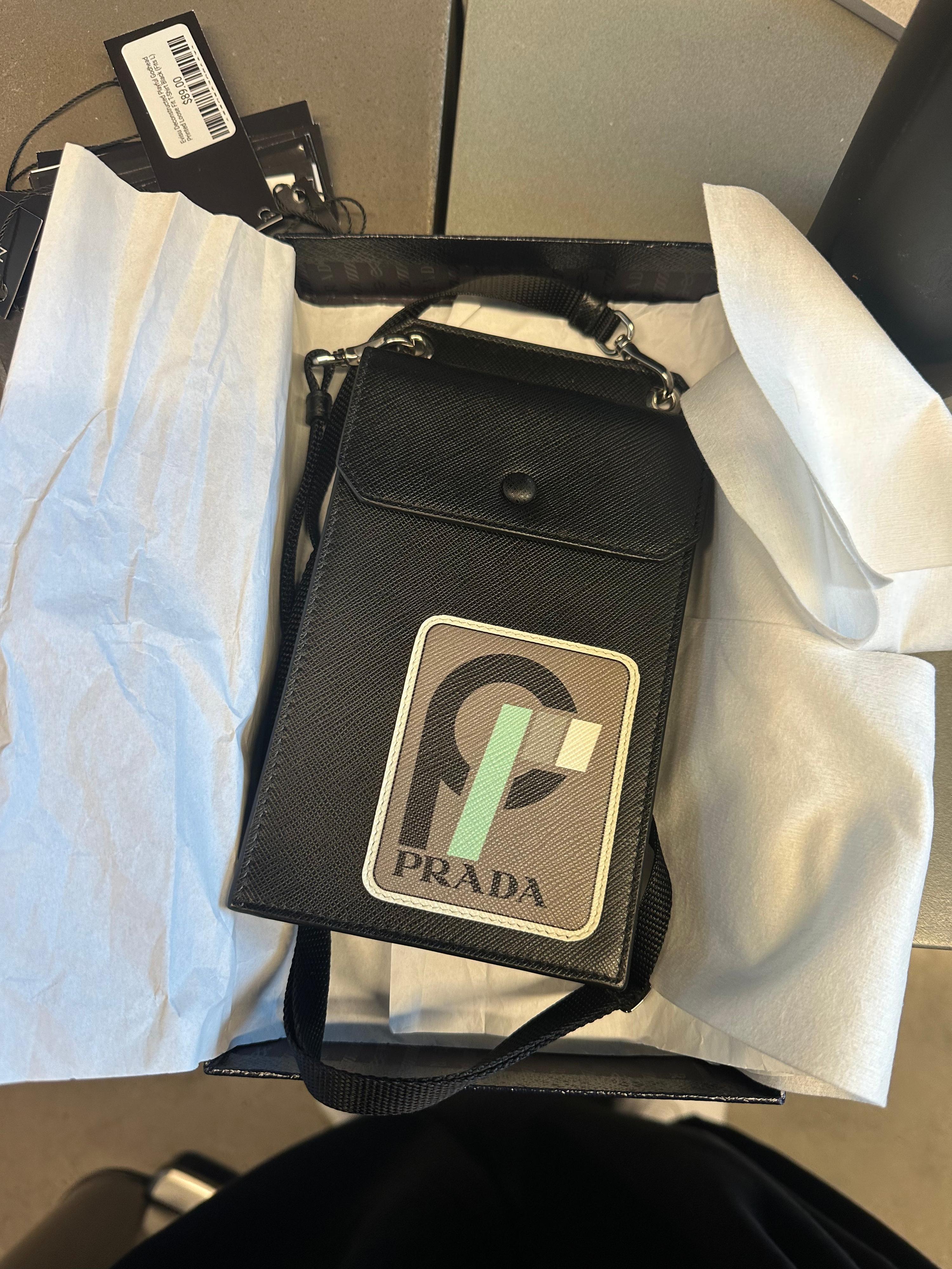 Prada Saffiano Leather Flag Logo Patch Phone Case Black