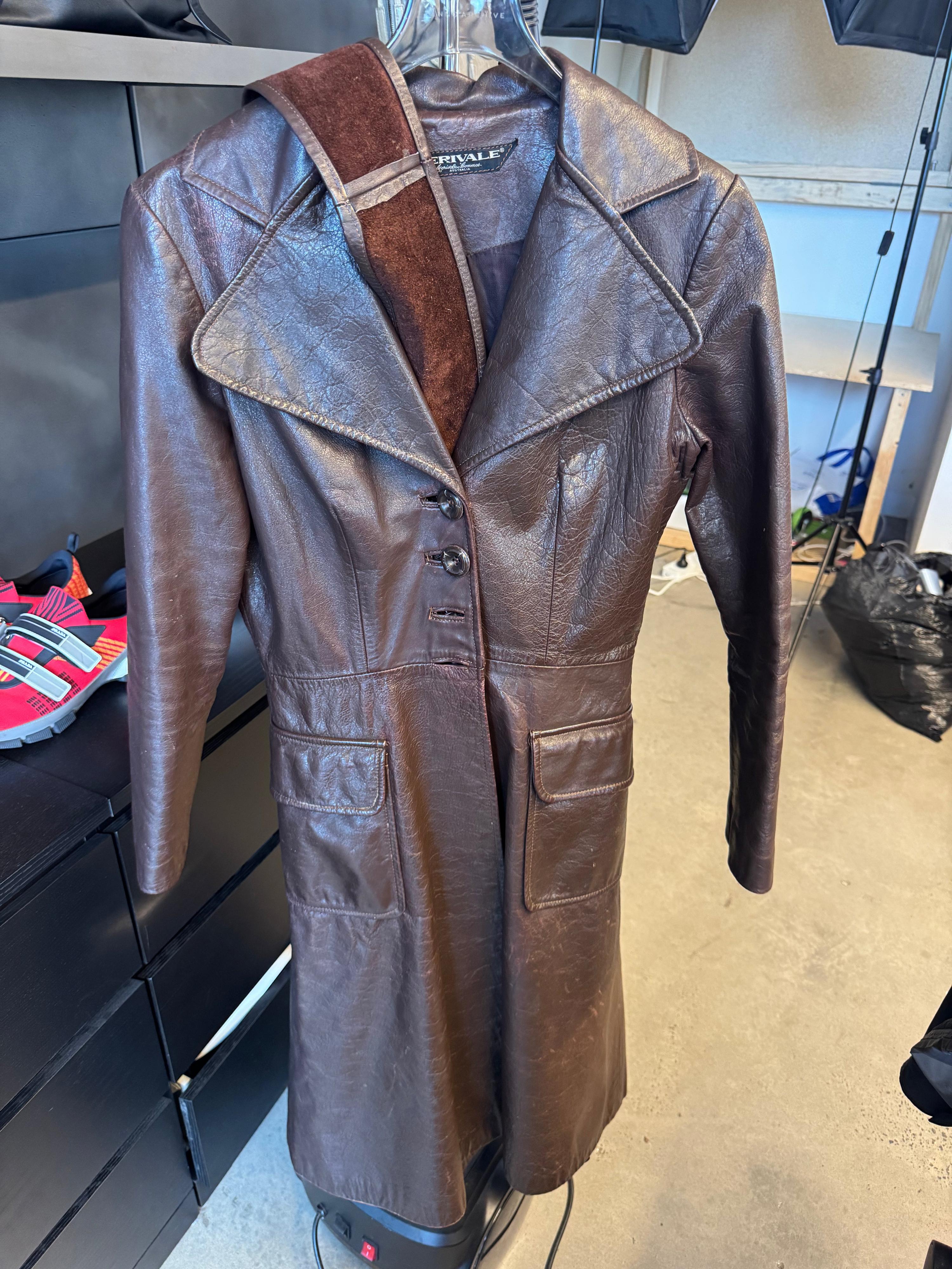 Merivale Vintage Leather Trench Coat Brown (Size S)