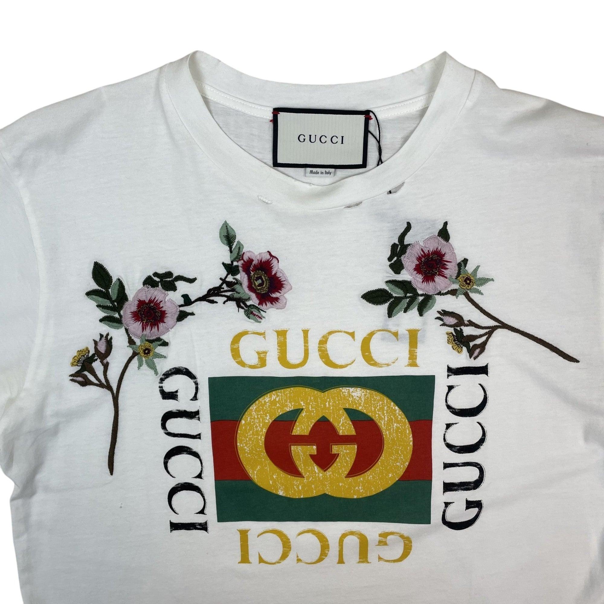 Gucci 2018 Logo Printed & Embroidered Cotton Distressed T-Shirt White (Size L) thumbnail 2