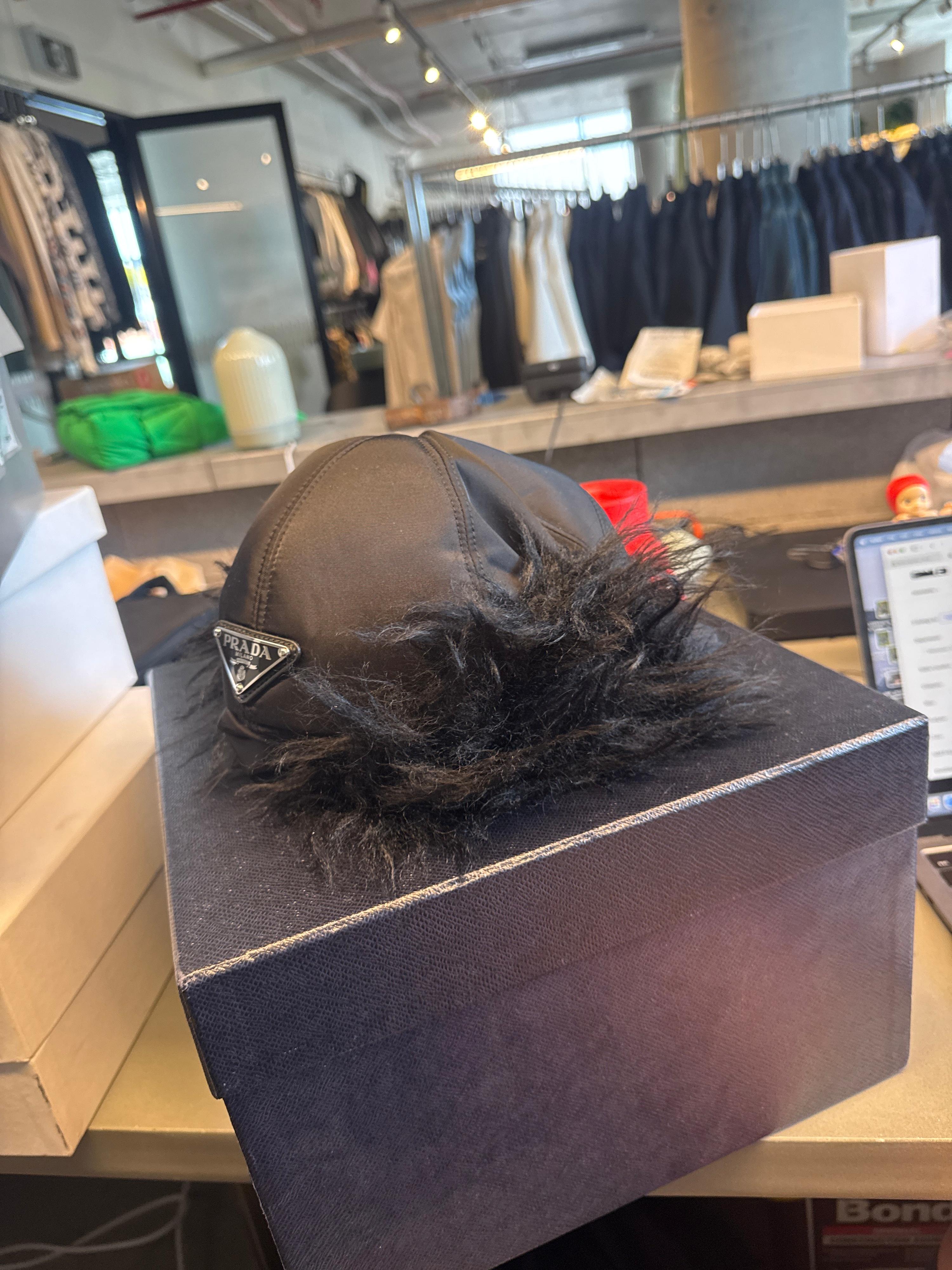 Prada Triangle Logo Faux Fur Nylon Trapper Hat (Size M)