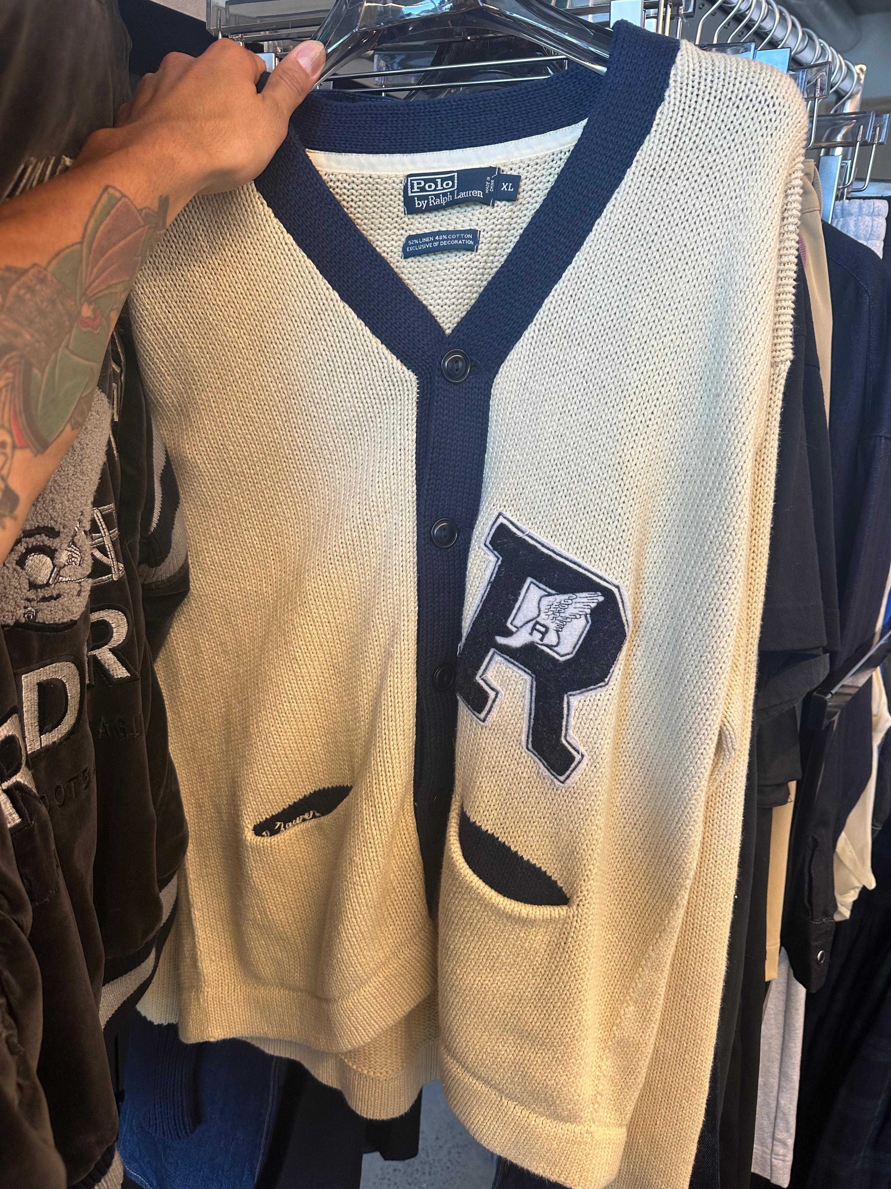 Polo Ralph Lauren 90s Varsity Letterman P Wing Cardigan Beige/Navy (Size XL)