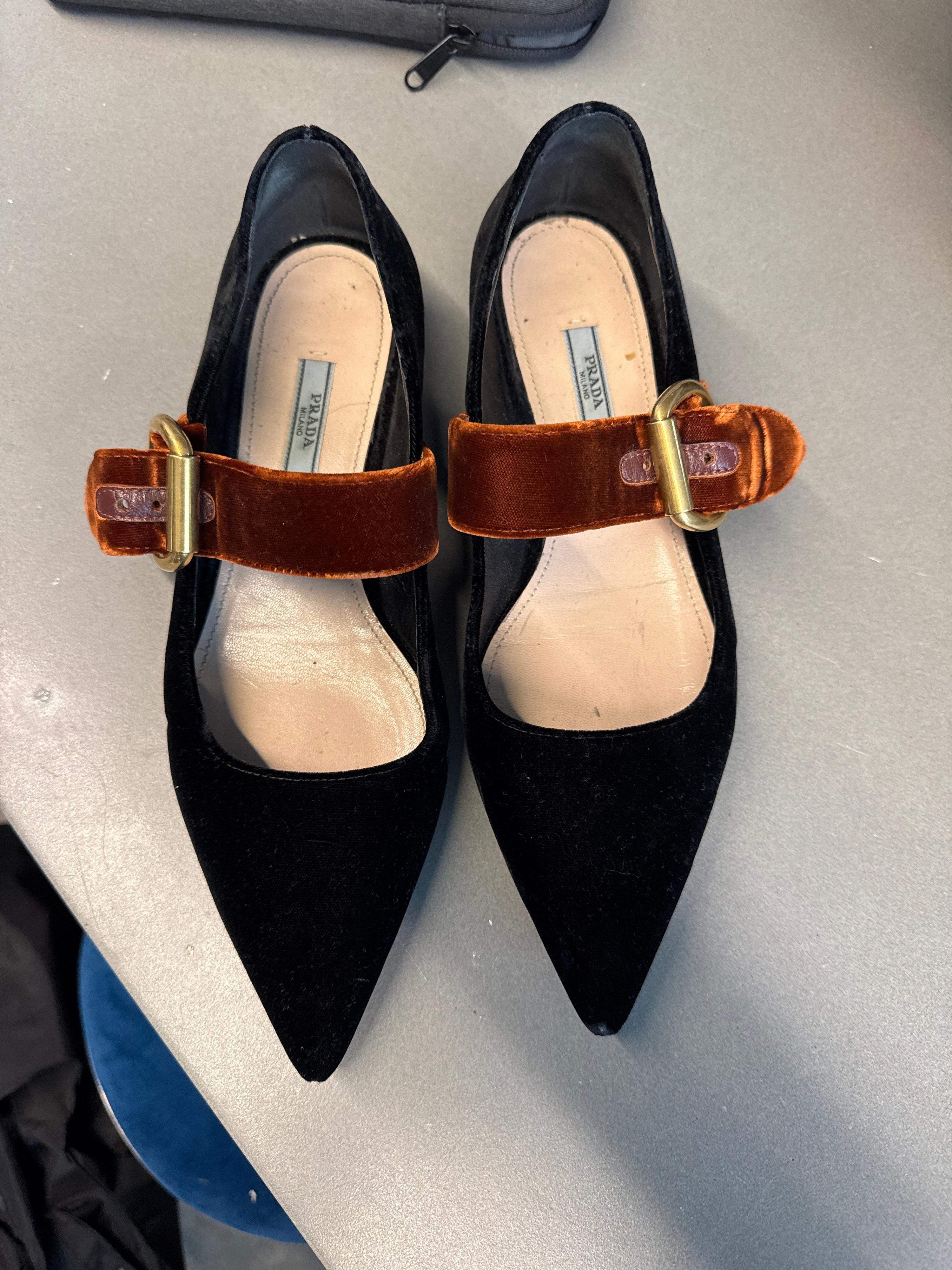 Prada Buckle Strap Velvet Ballerina Flats Black/Brown (Size EU39)