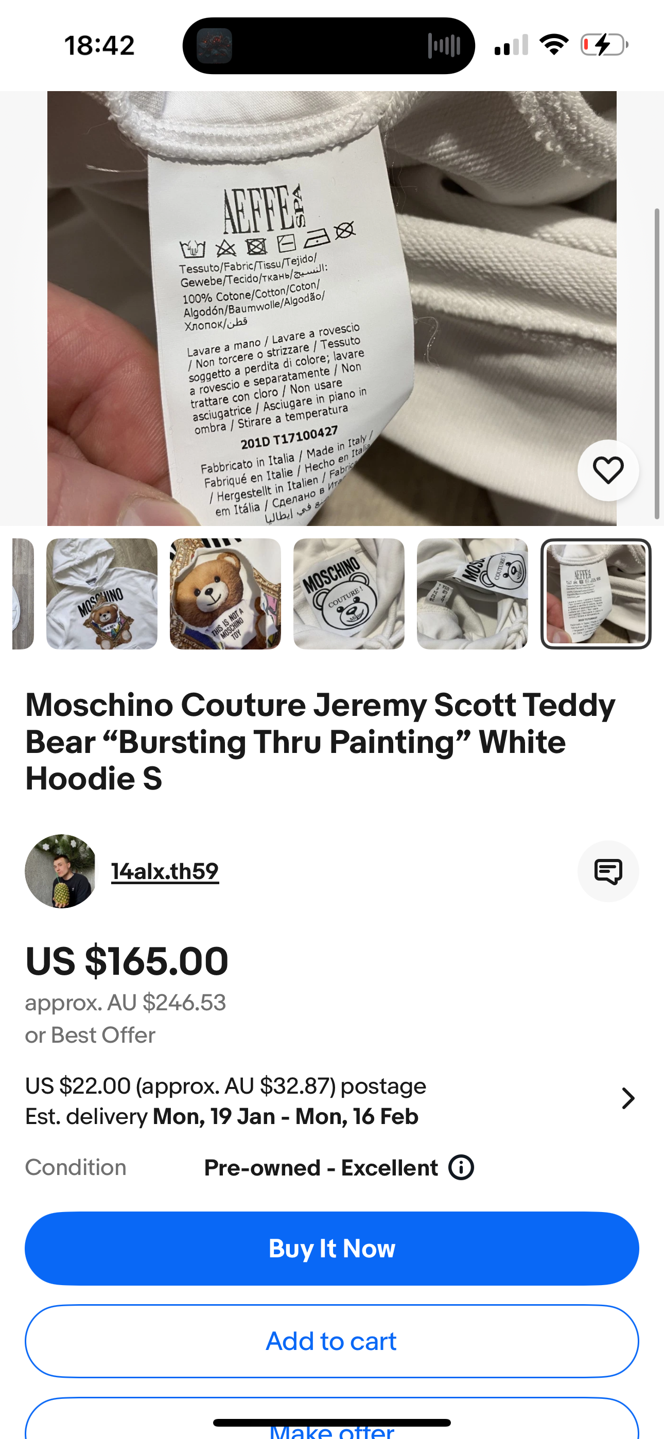 Moschino SS20 By Jeremy Scott Teddybear ‘Bursting Thru Painting’ Hoodie White (Fits M-L Mens) thumbnail 3