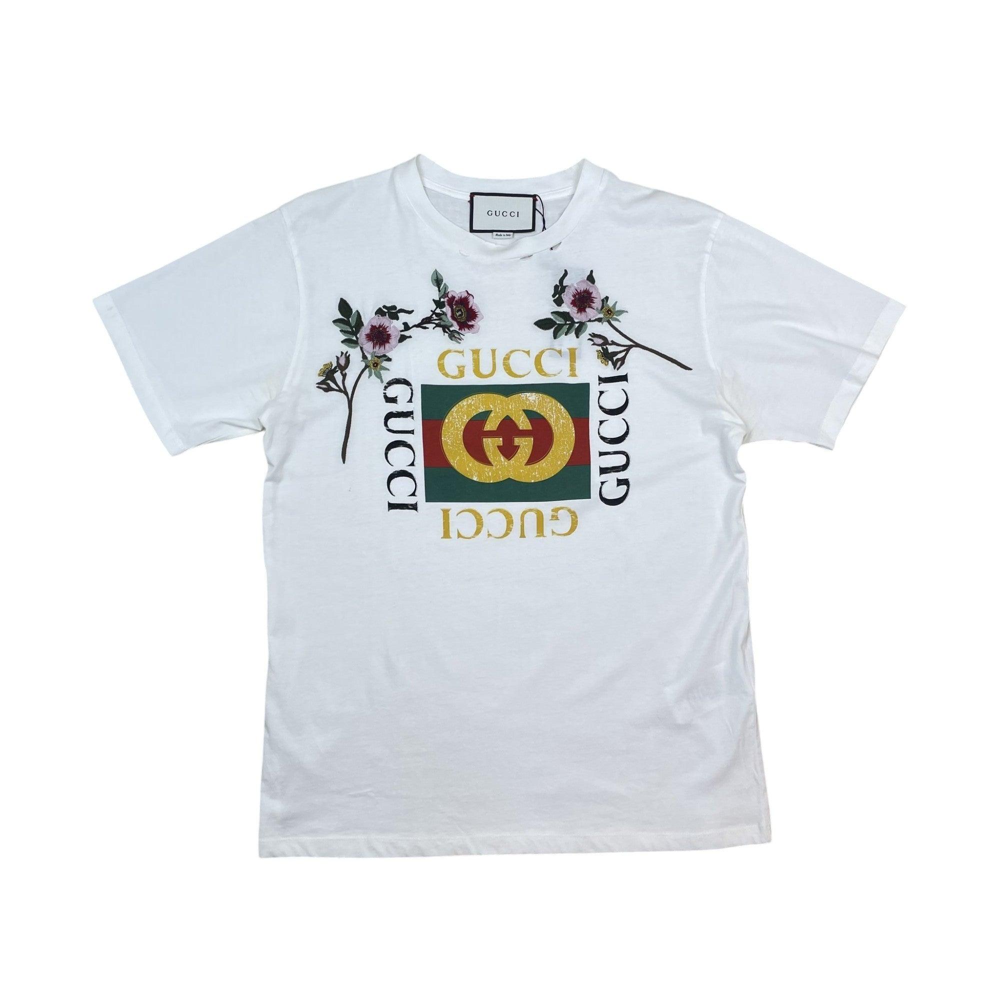 Gucci 2018 Logo Printed & Embroidered Cotton Distressed T-Shirt White (Size L)