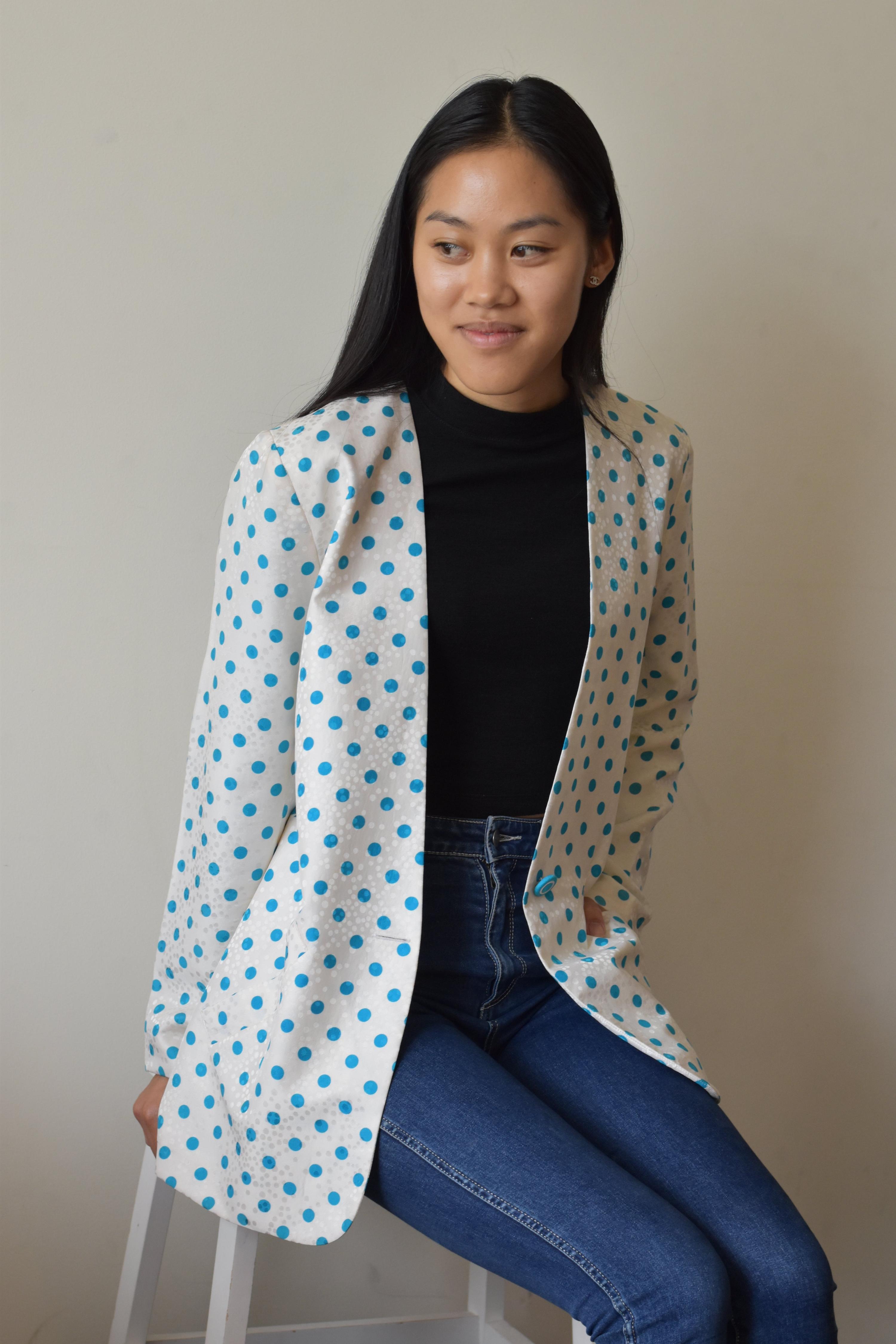 Vintage Blue Spots Print Silk Blazer Size S