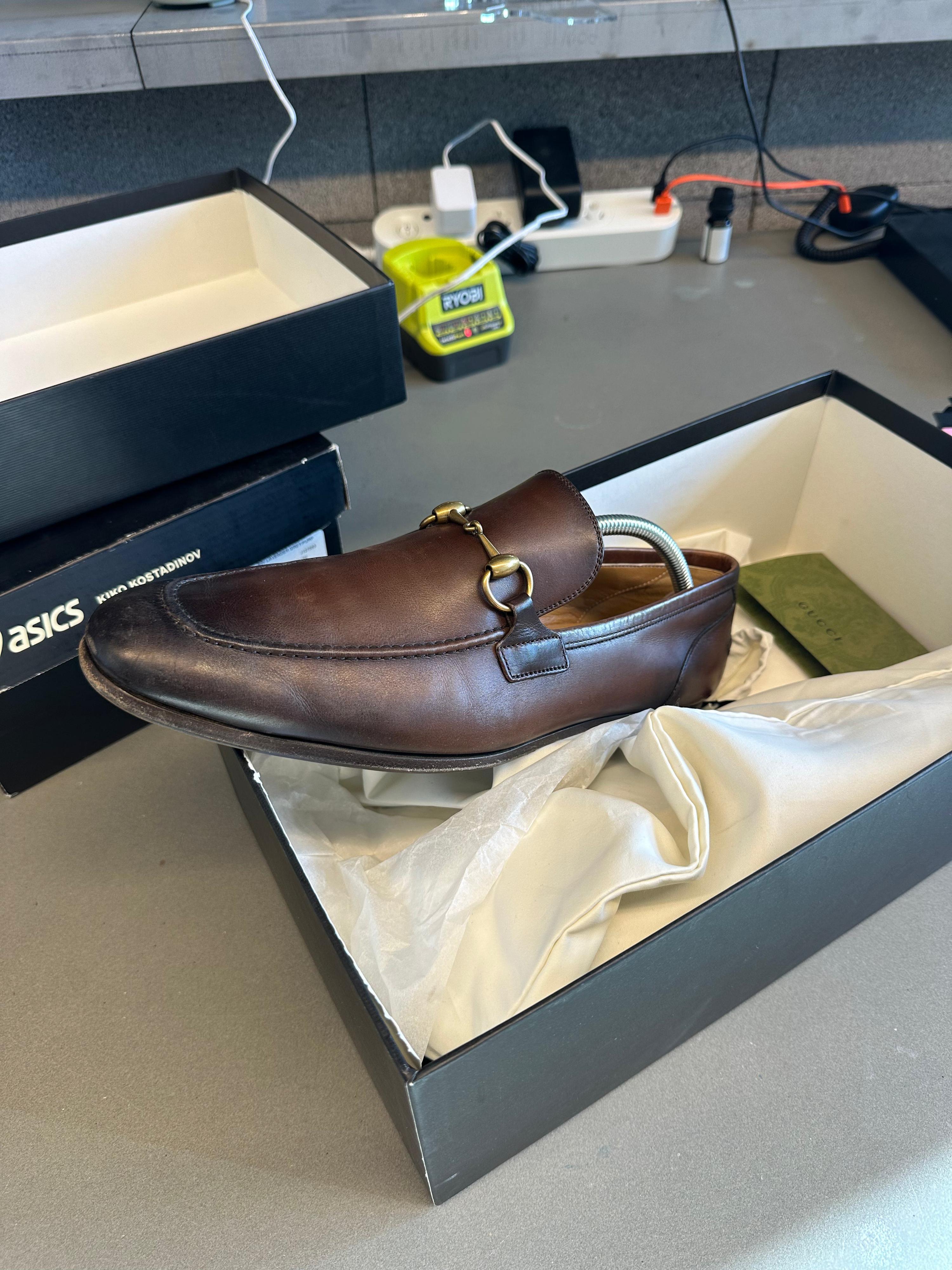 Gucci Jordaan Horsebit Burnished-Leather Loafers Dark Brown (US10/UK9)