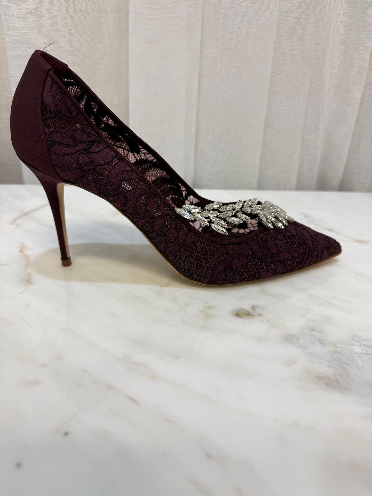 Manolo Blahnik Burgundy Lace Nadira Heels 38 thumbnail 4