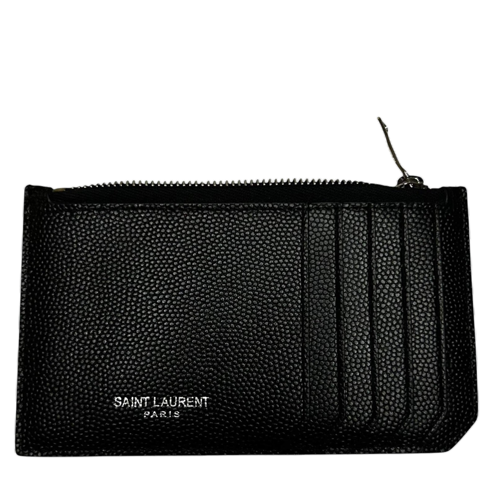 Saint Laurent Grained Leather Fragment Zip Card Case Black