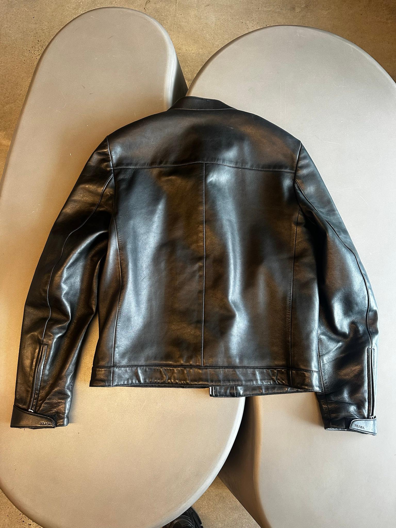 Prada Lambskin Leather Cafe Racer Moto Jacket Black (Size 50/L) thumbnail 9