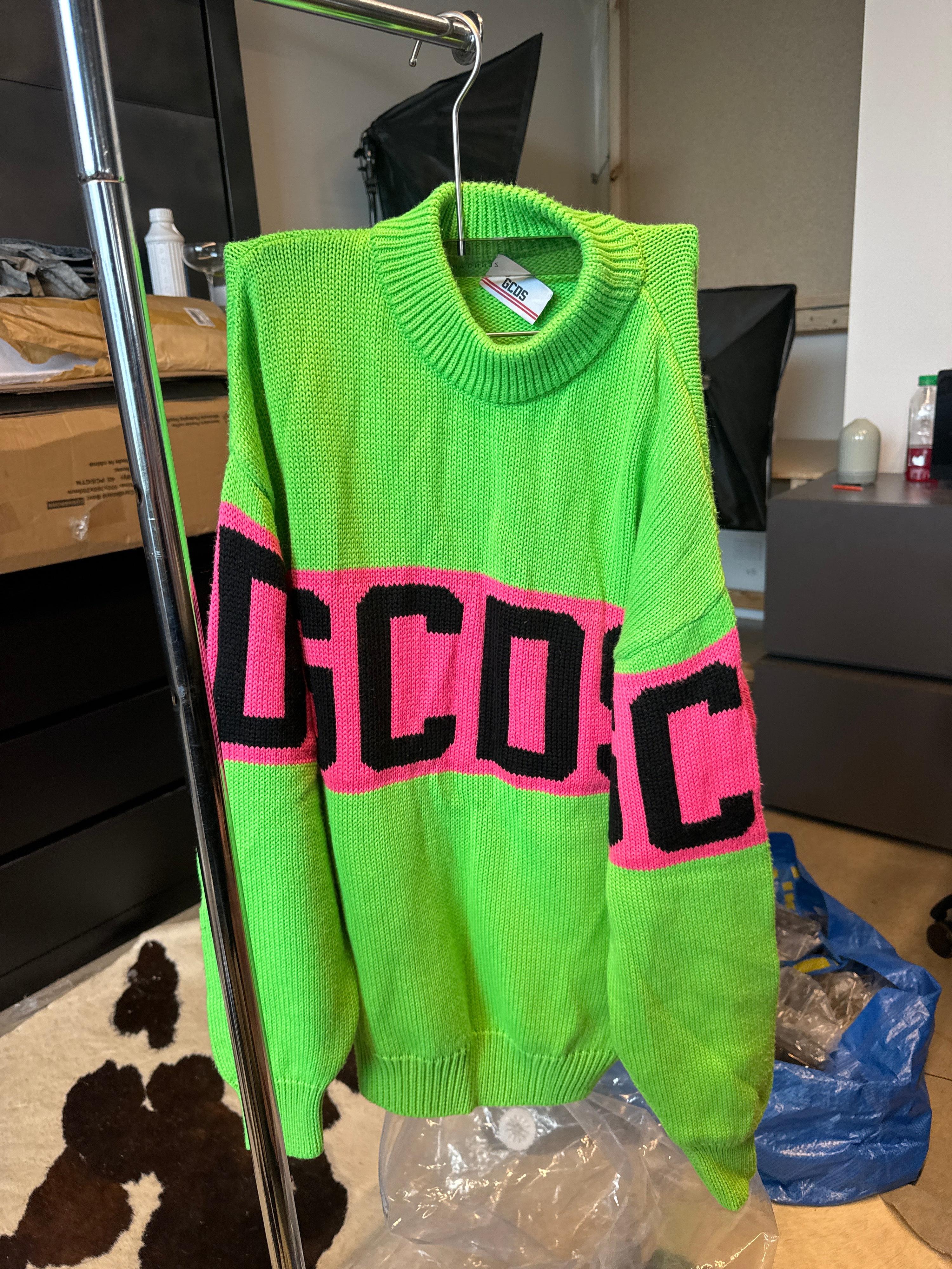 GCDS Wool-Blend Knit Sweatshirt Green/Pink (Size L)