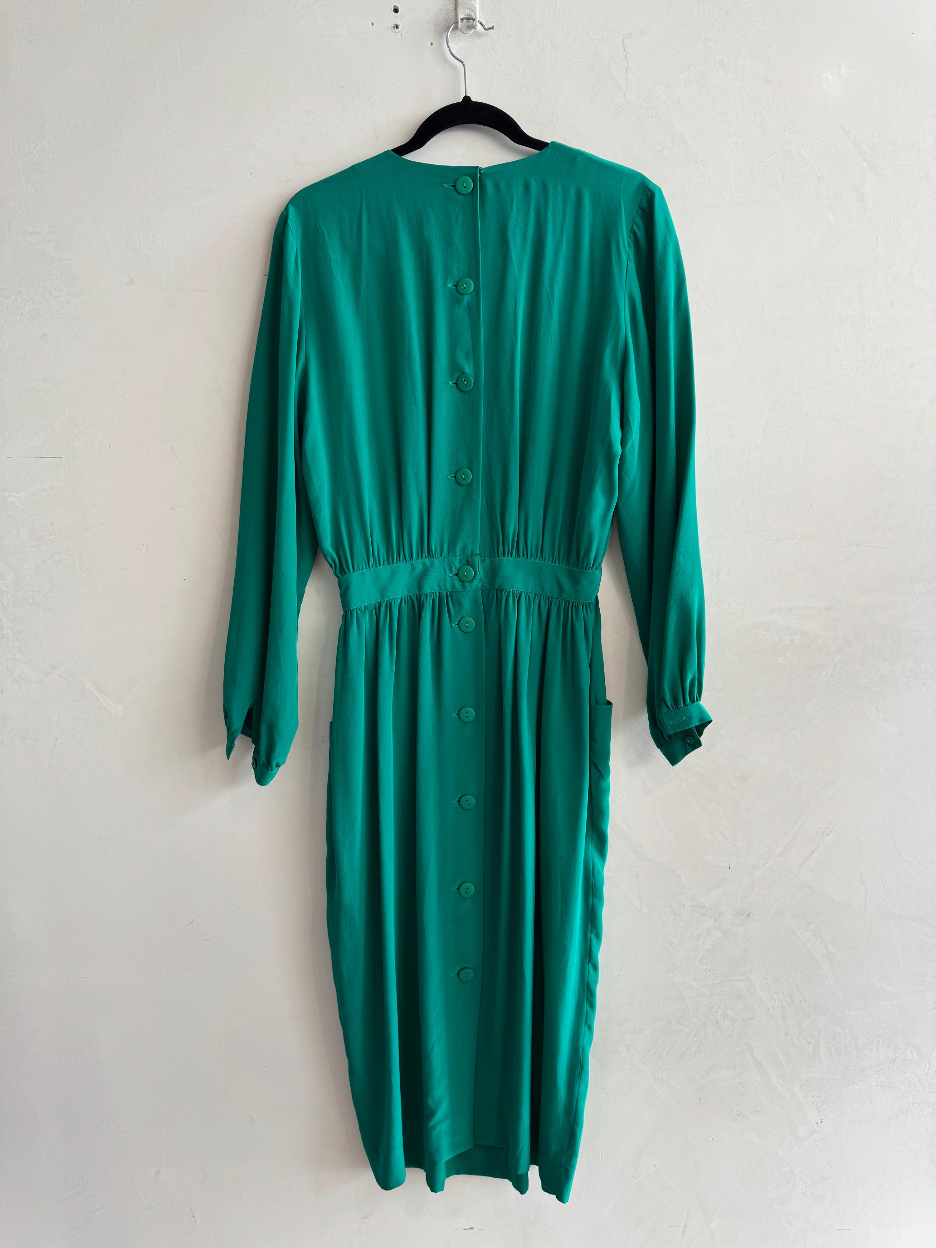 Vintage Emerald green silk midi dress - size S