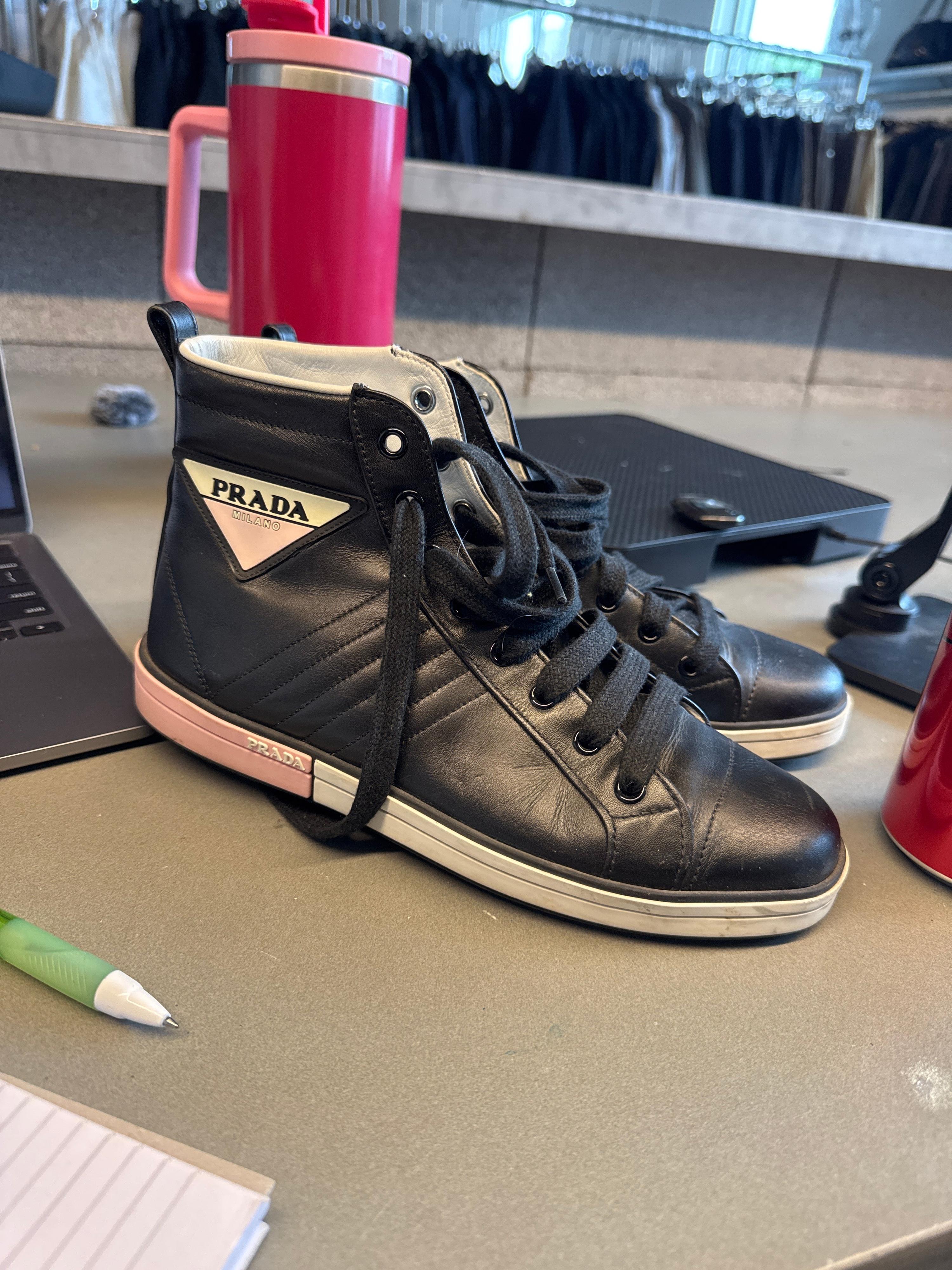 Prada Calf Skin High Top Sneakers Black (Size EU37)