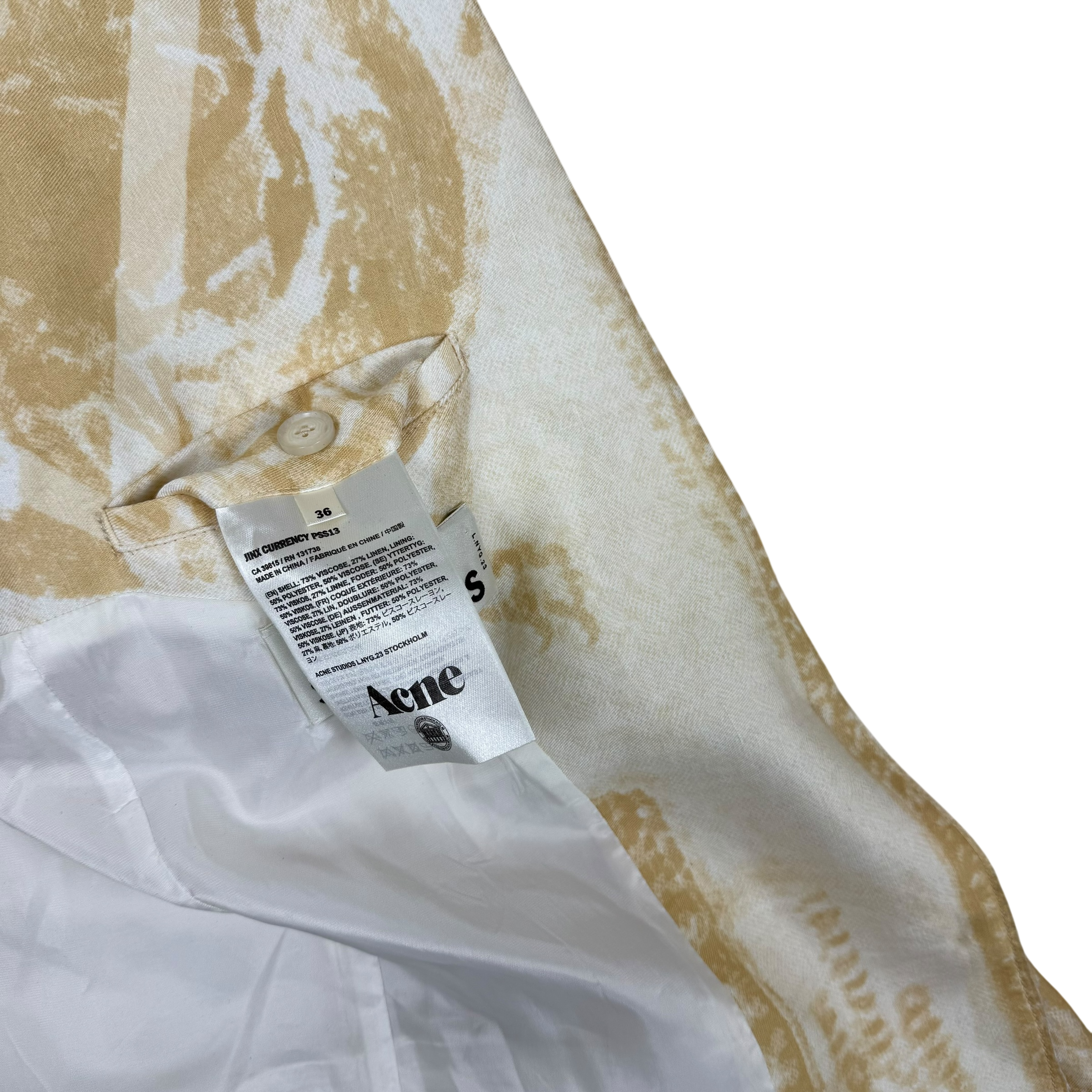 Acne Studios SS13 Resort Linen Blend Raw Hem Jinx Currency Blazer Yellow/White (Size 36) thumbnail 6
