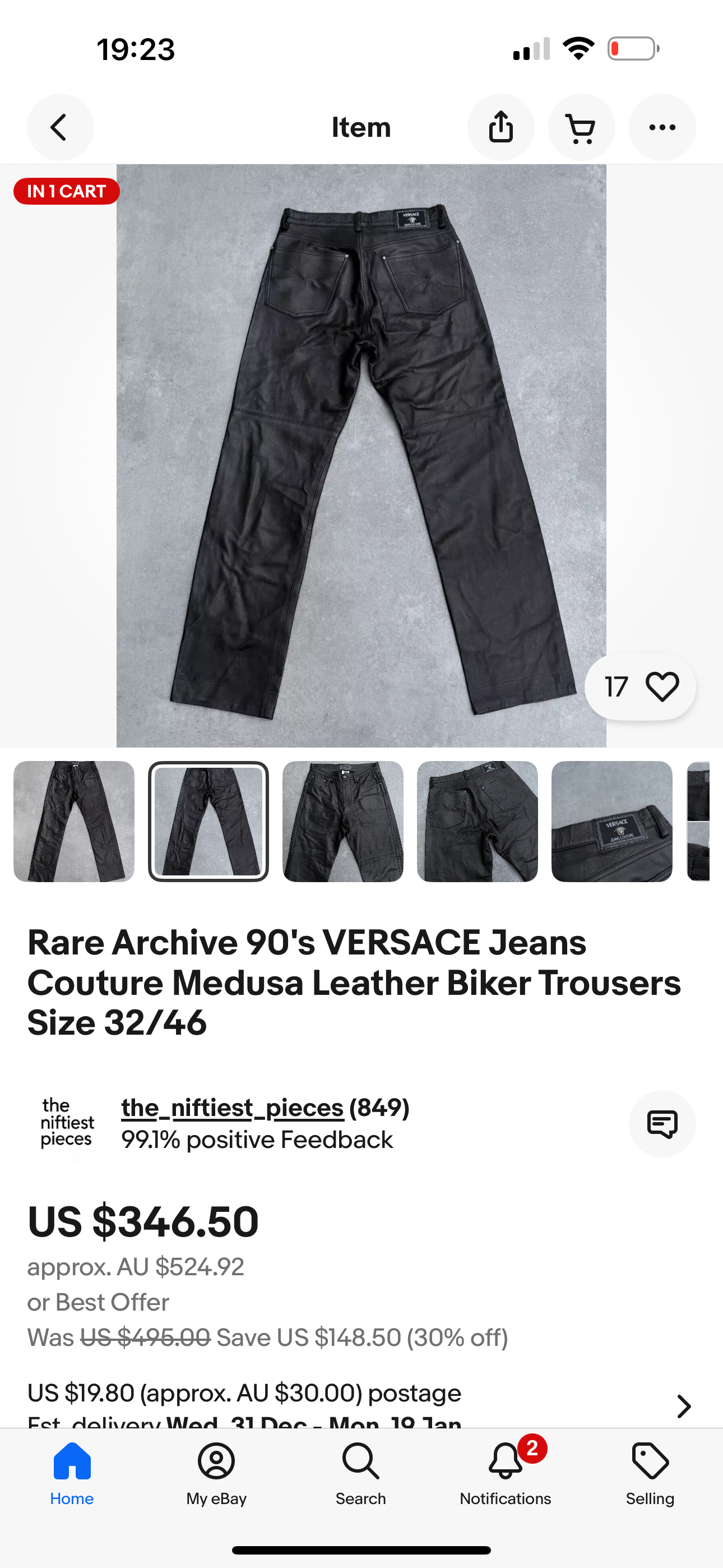 Versace Jeans Couture 90s Leather Pants (size 32”) - taken to dry cleaner to try and fix marks price between $249-$349 depending on how it comes up thumbnail 5