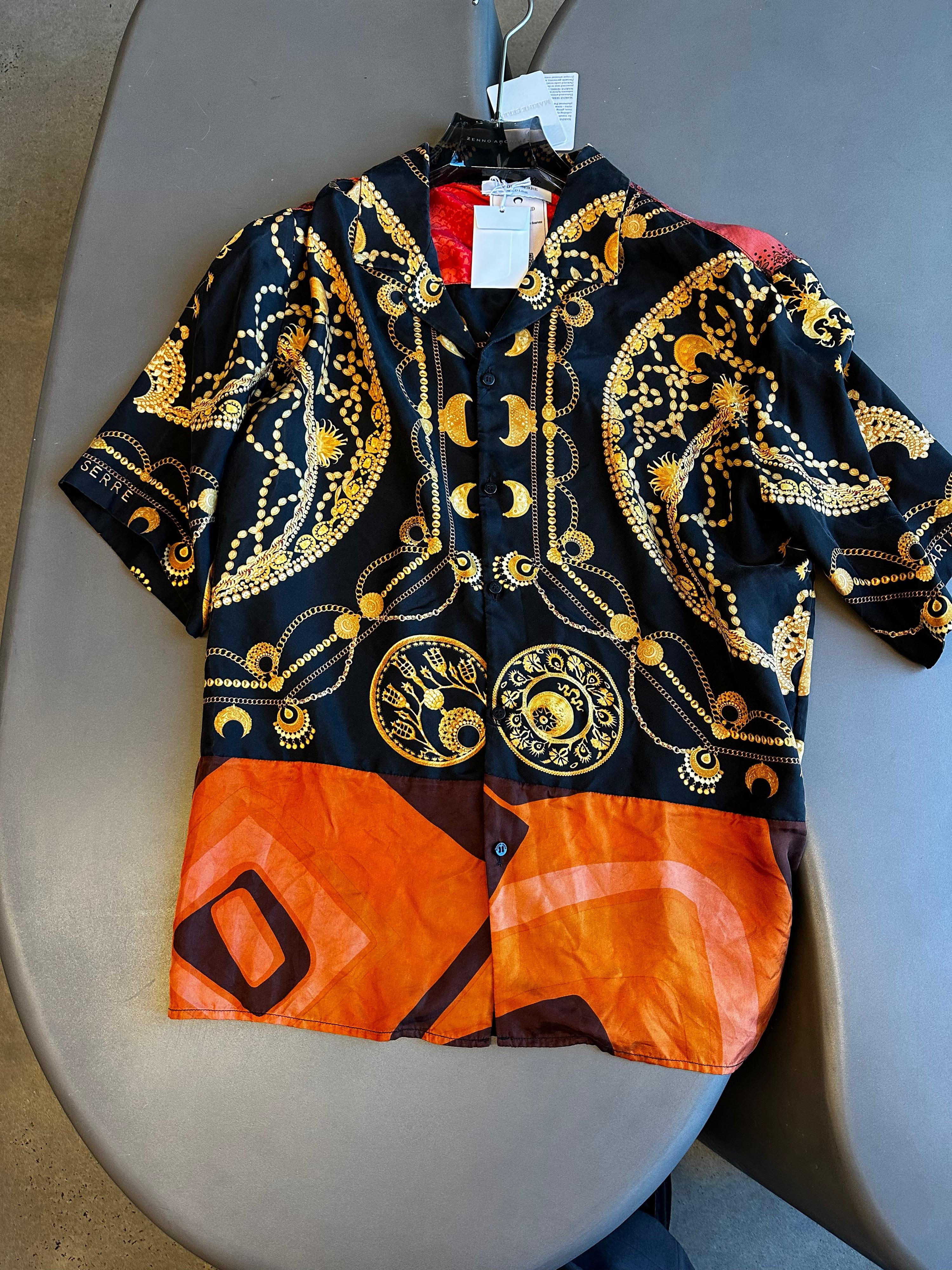Marine Serre Gold Line Regenerated Silk And Ornament Jewelry Bowling Shirt (Size M)